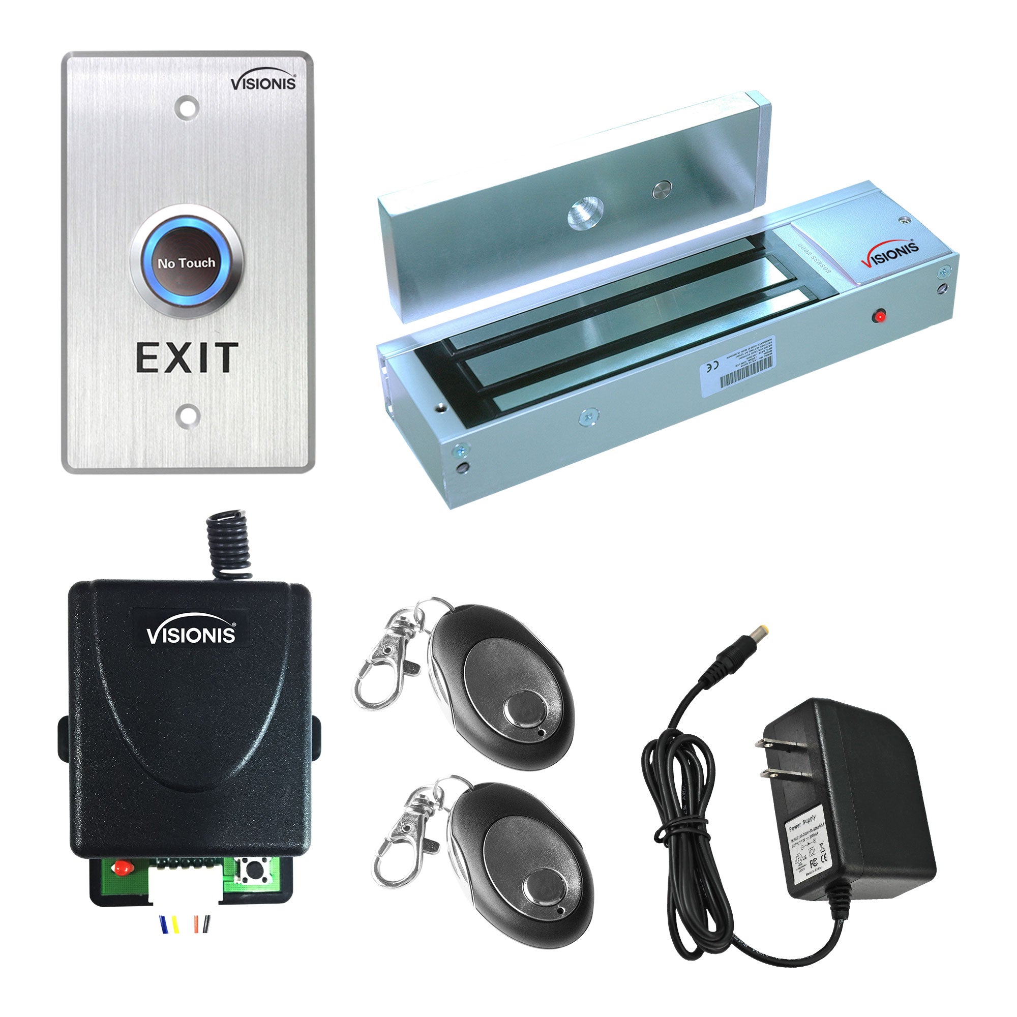 Visionis FPC-7471 One Door Access Control For Out Swinging Door 1200lbs Electromagnetic Lock Kit With Wireless Receiver + Remote + VIS-7013 Exit Button Kit