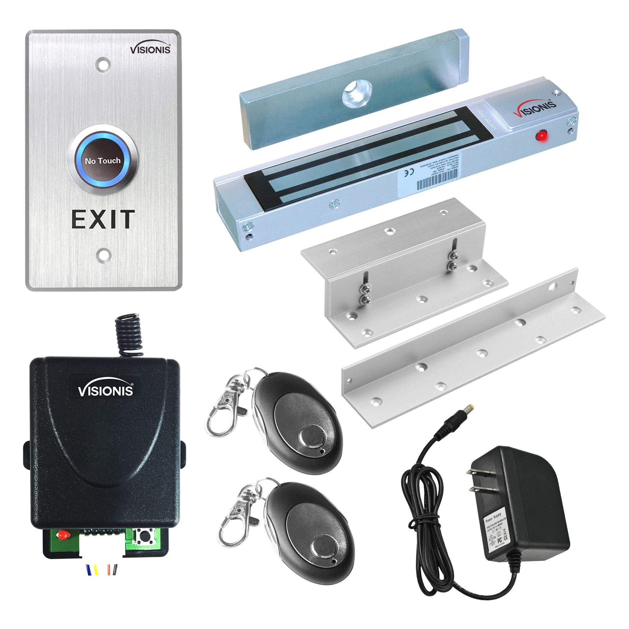 Visionis FPC-7472 One Door Access Control For In Swinging Door 300lbs Electromagnetic Lock Kit With Wireless Receiver + Remote + VIS-7013 Exit Button Kit