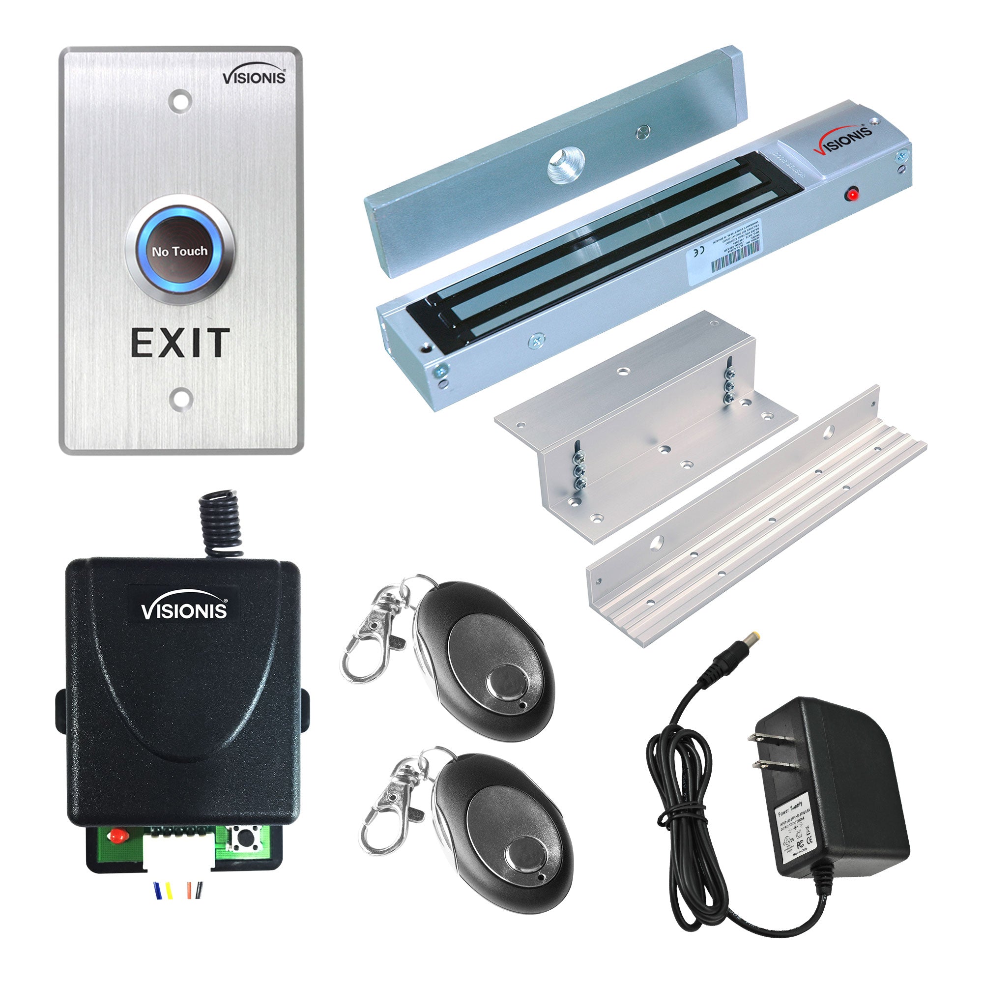 Visionis FPC-7473 One Door Access Control For In Swinging Door 600lbs Electromagnetic Lock Kit With Wireless Receiver + Remote + VIS-7013 Exit Button Kit