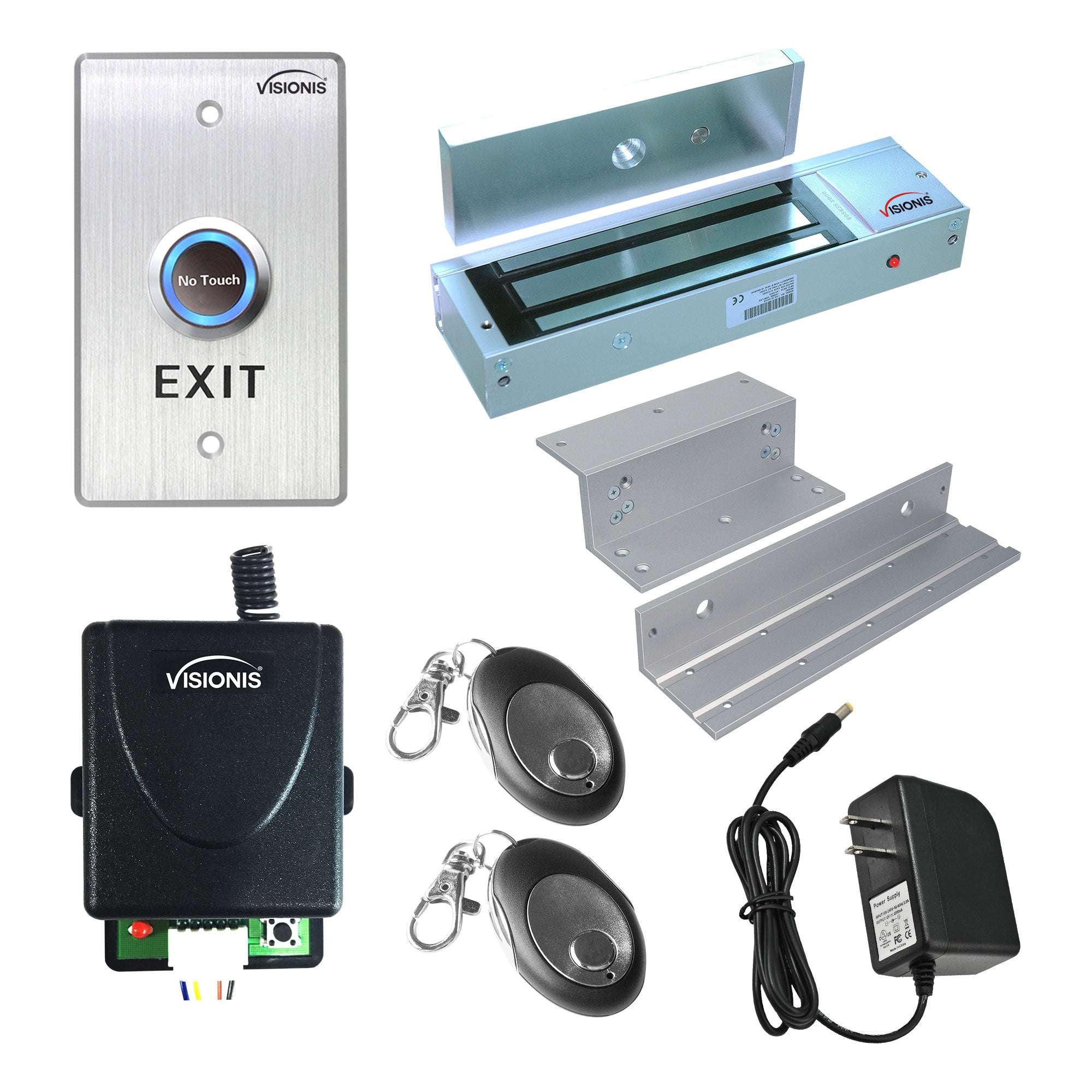 Visionis FPC-7474 One Door Access Control For In Swinging Door 1200lbs Electromagnetic Lock Kit With Wireless Receiver + Remote + VIS-7013 Exit Button Kit