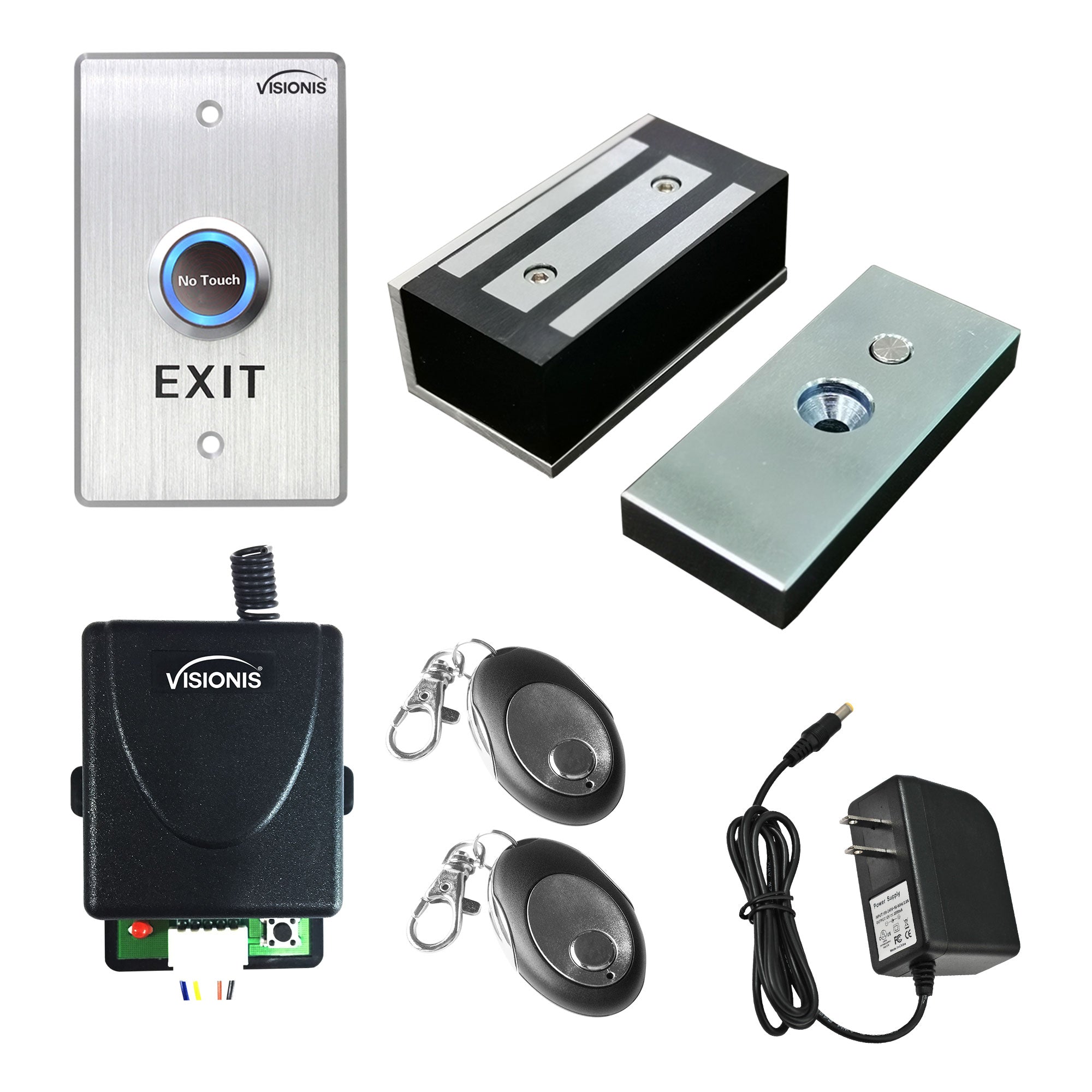 Visionis FPC-7475 One Door Access Control For Out Swinging Door 140lbs Electromagnetic Lock Kit With Wireless Receiver + Remote + VIS-7013 Exit Button Kit