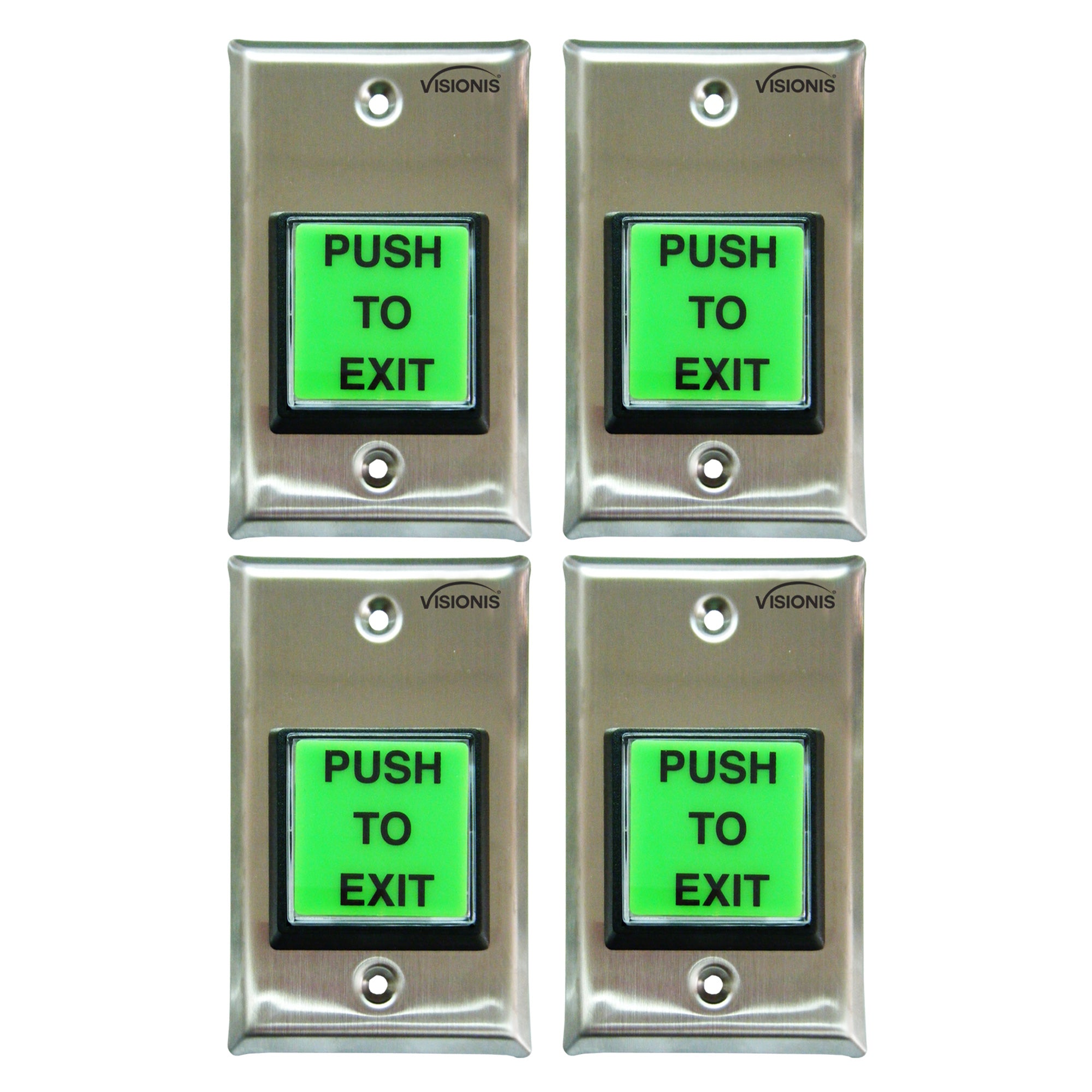 Visionis 4 Pack FPC-7487 VIS-7100 Green With LED Square Request To Exit Button With Timer Delay For Door Access Control, NC, COM And NO Outputs