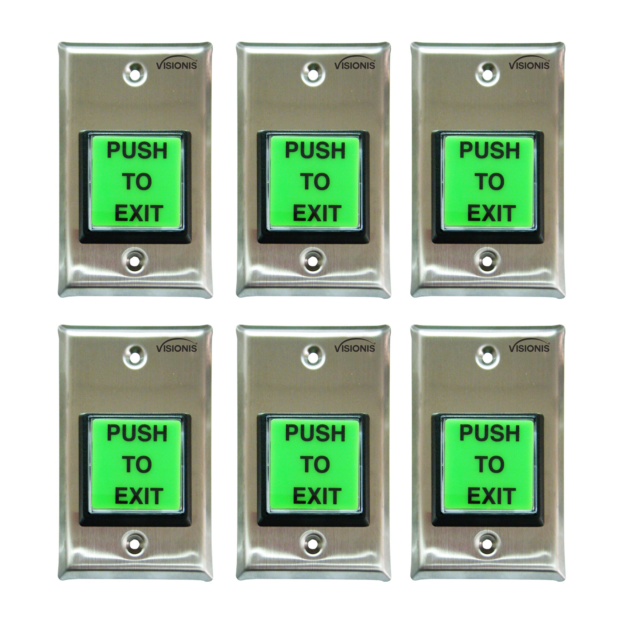 Visionis 6 Pack FPC-7488 VIS-7100 Green With LED Square Request To Exit Button With Timer Delay For Door Access Control, NC, COM And NO Outputs