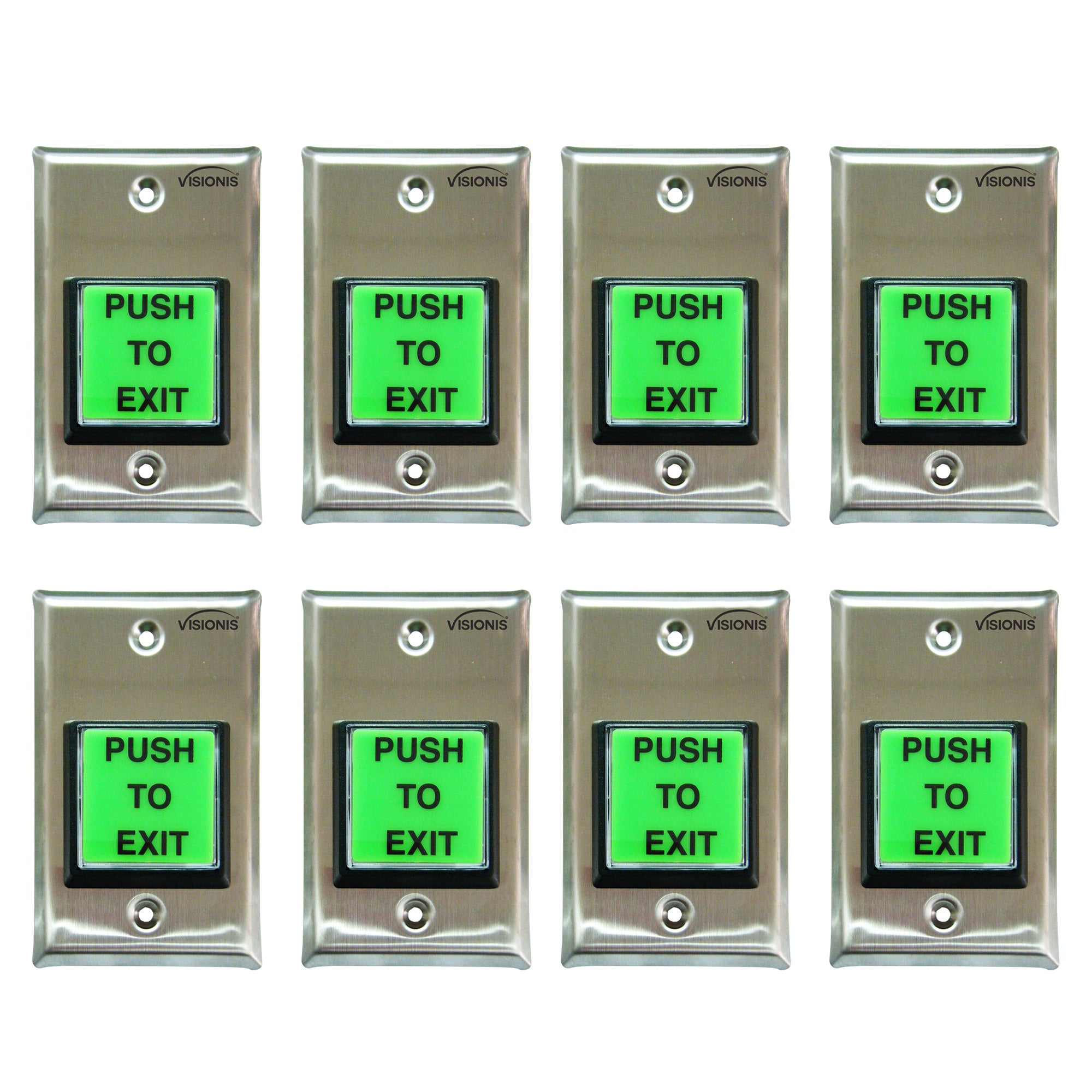 Visionis 8 Pack FPC-7489 VIS-7100 Green With LED Square Request To Exit Button With Timer Delay For Door Access Control, NC, COM And NO Outputs