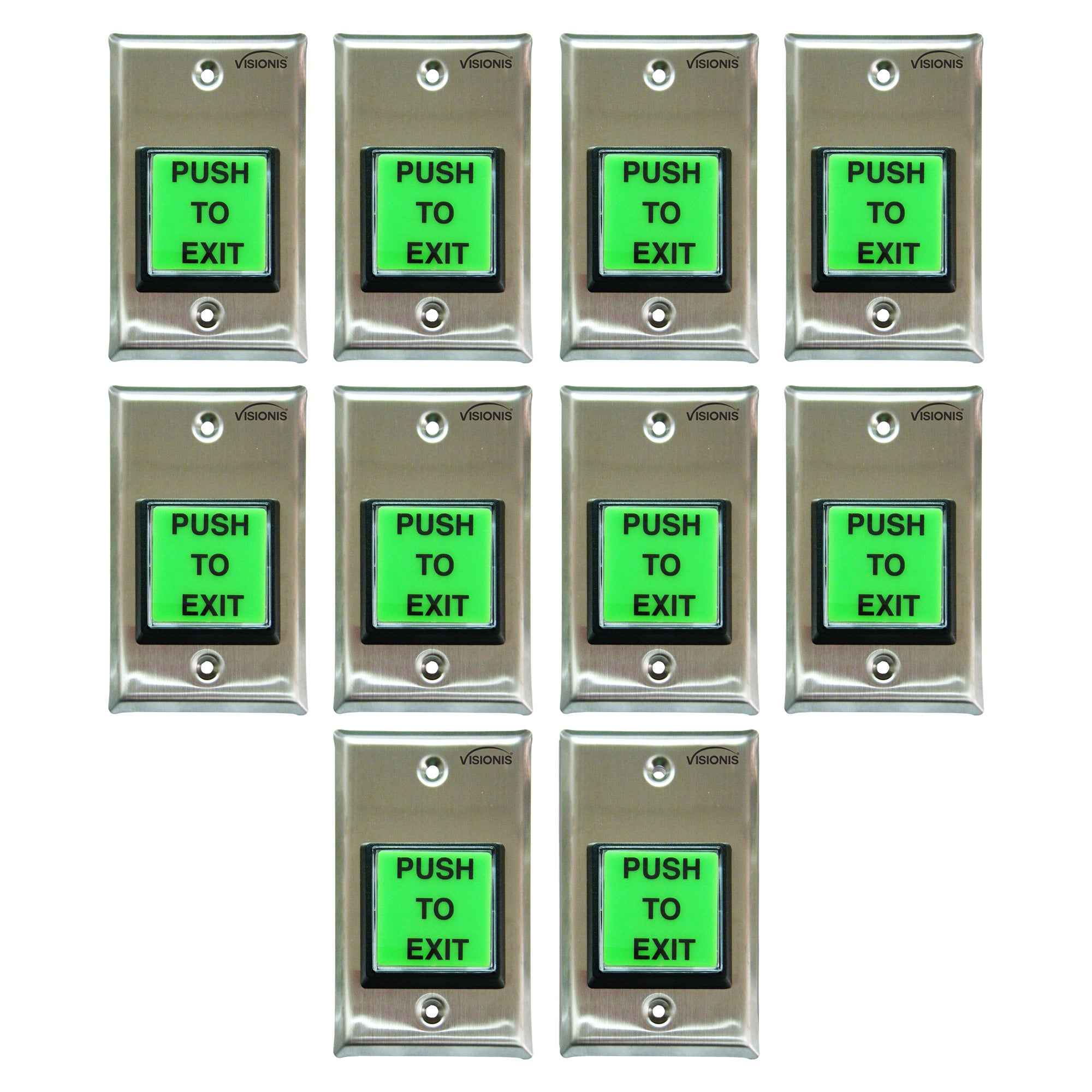 Visionis 10 Pack FPC-7490 VIS-7100 Green With LED Square Request To Exit Button With Timer Delay For Door Access Control, NC, COM And NO Outputs