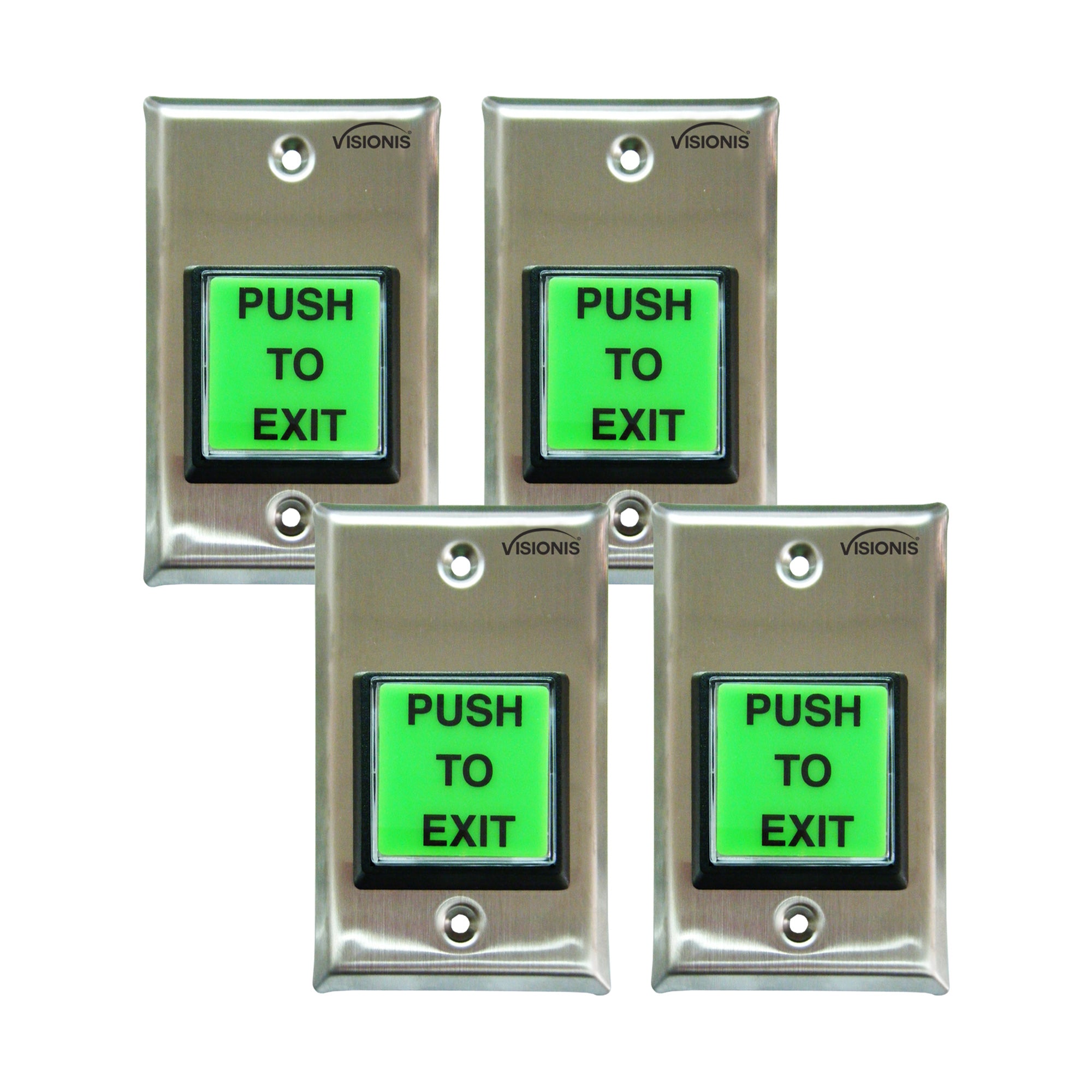 Visionis 4 Pack FPC-7492 VIS-7000 Green Square Push To Exit Button For Door Access Control With LED Light, NC, COM And NO Outputs