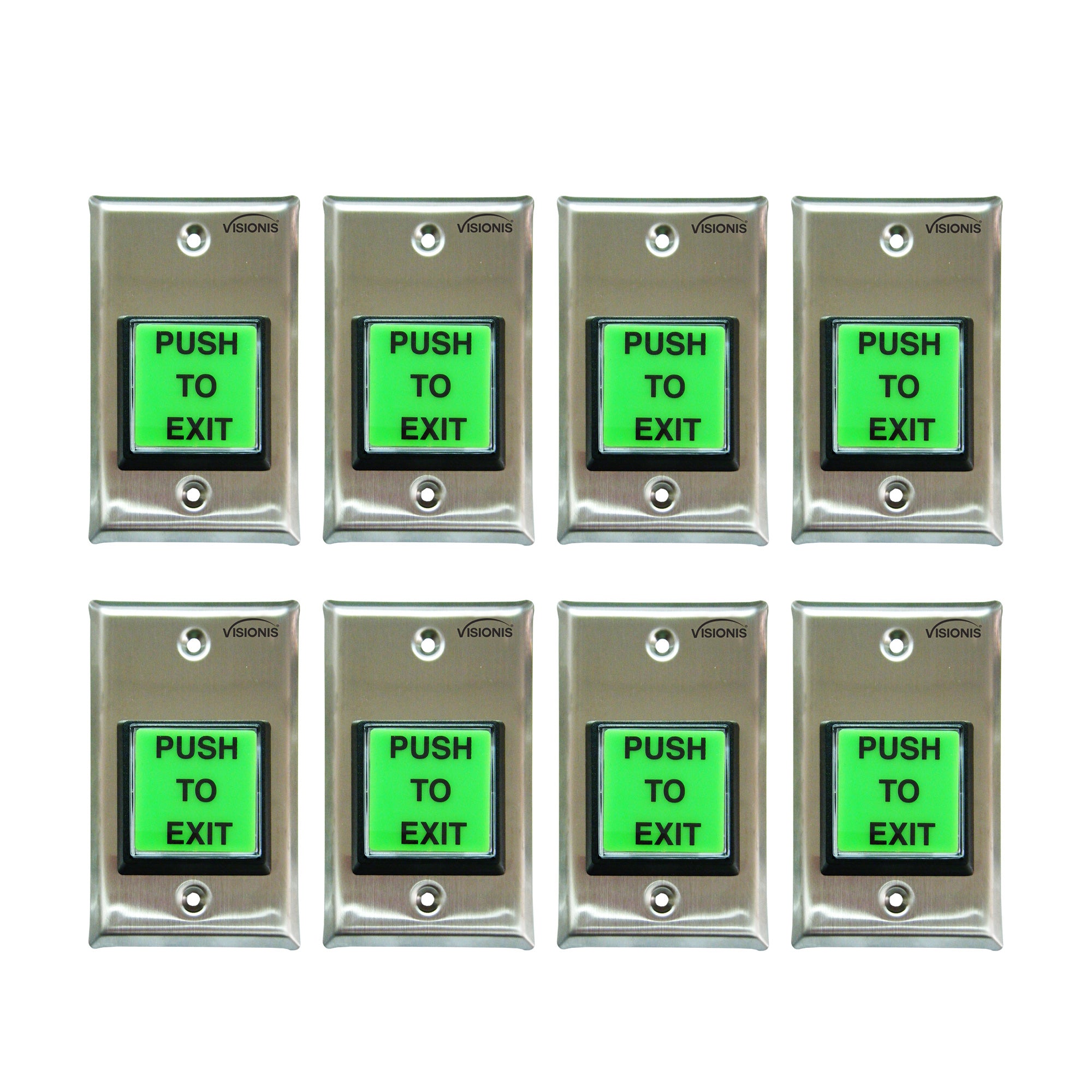 Visionis 8 Pack FPC-7494 VIS-7000 Green Square Push To Exit Button For Door Access Control With LED Light, NC, COM And NO Outputs