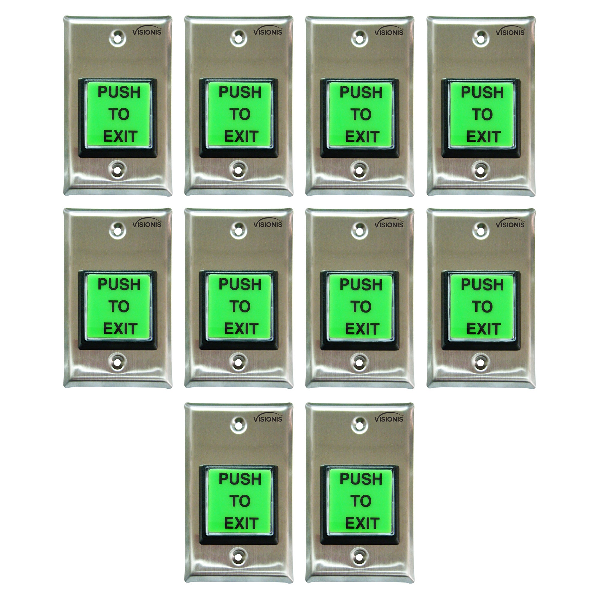 Visionis 10 Pack FPC-7495 VIS-7000 Green Square Push To Exit Button For Door Access Control With LED Light, NC, COM And NO Outputs