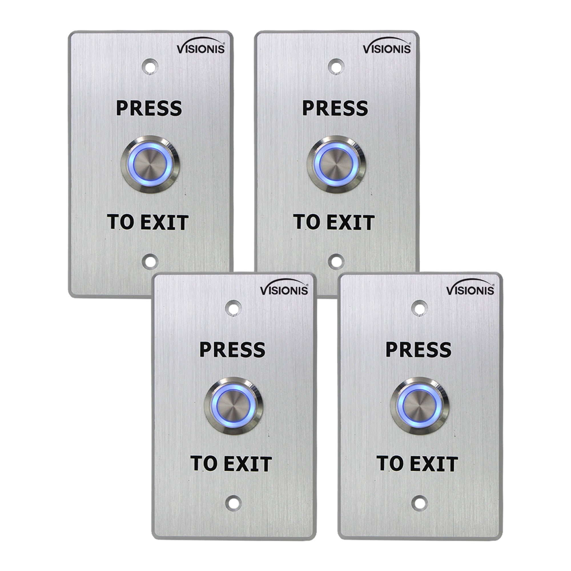 Visionis 4 Pack FPC-7497 VIS-7001 Indoor + Outdoor Weather And Waterproof Rated IP65 Stainless Steel Door Bell Type Round Request To Exit Button Standard Size For Door Access Control With LED Light + NC COM And NO Outputs