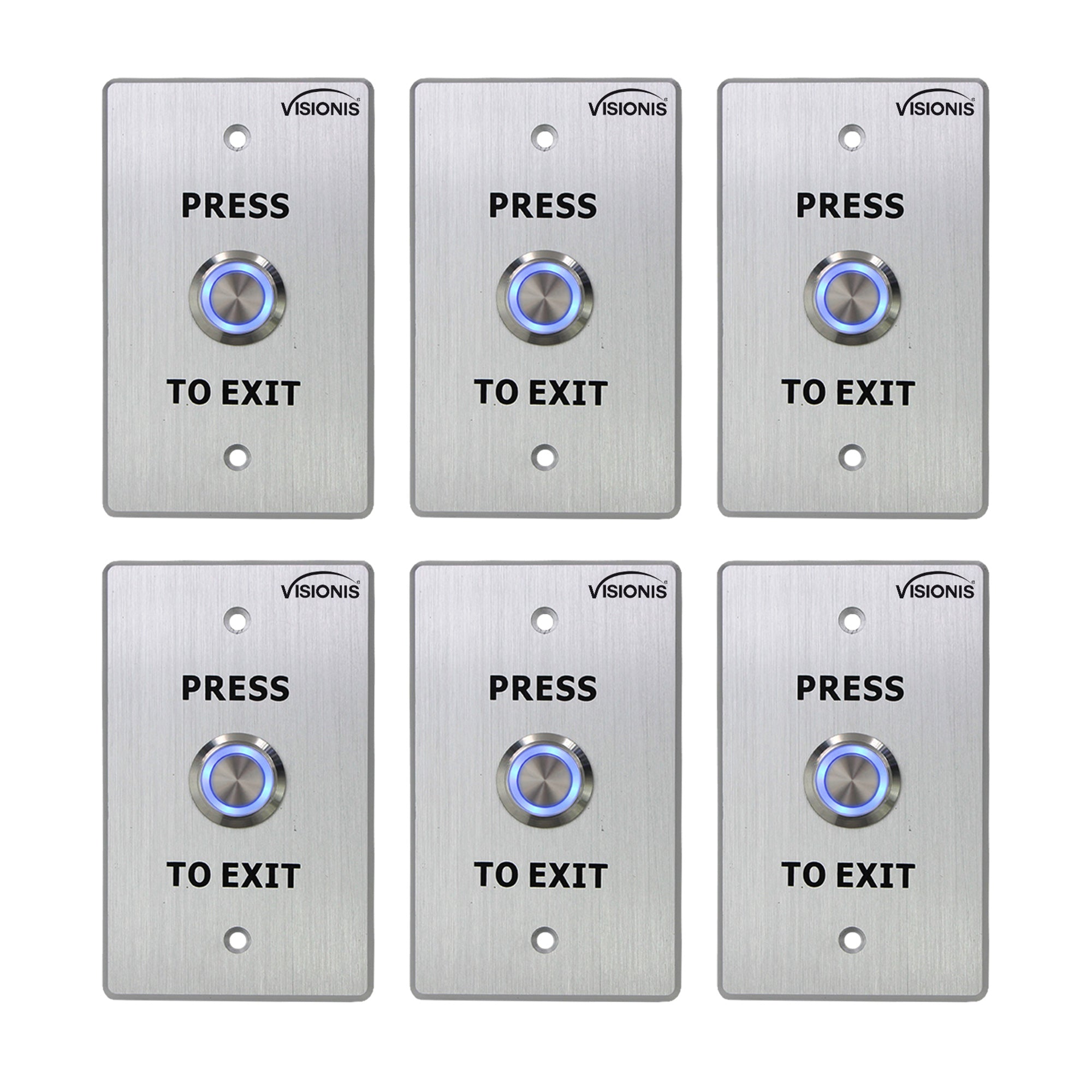 Visionis 6 Pack FPC-7498 VIS-7001 Indoor + Outdoor Weather And Waterproof Rated IP65 Stainless Steel Door Bell Type Round Request To Exit Button Standard Size For Door Access Control With LED Light + NC COM And NO Outputs