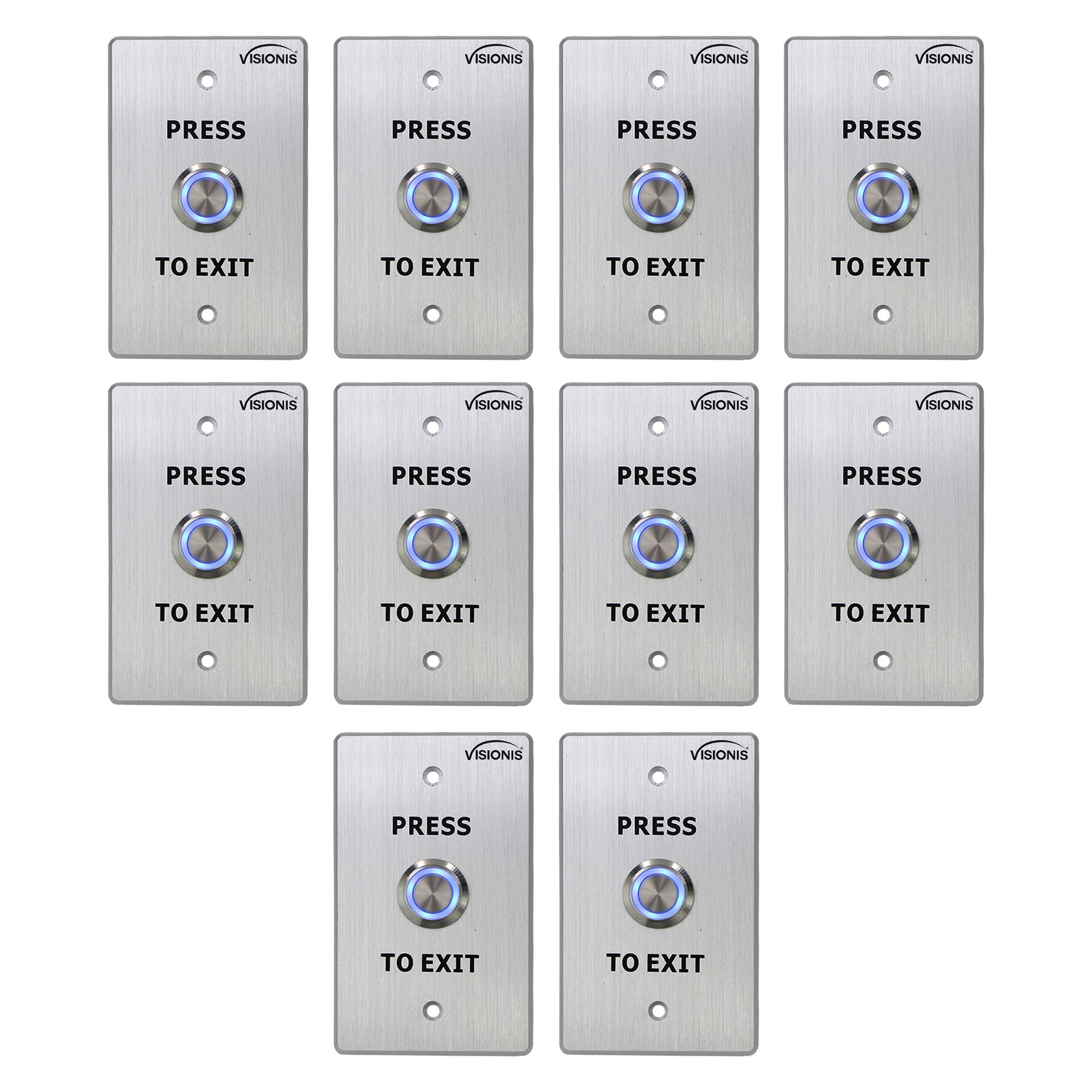 10 Pack Request To Exit Button VIS-7001 Indoor + Outdoor Weather And Waterproof Rated IP65 Stainless Steel Standard Size For Door Access Control With LED Light + NC, COM And NO Outputs - FPC-7500