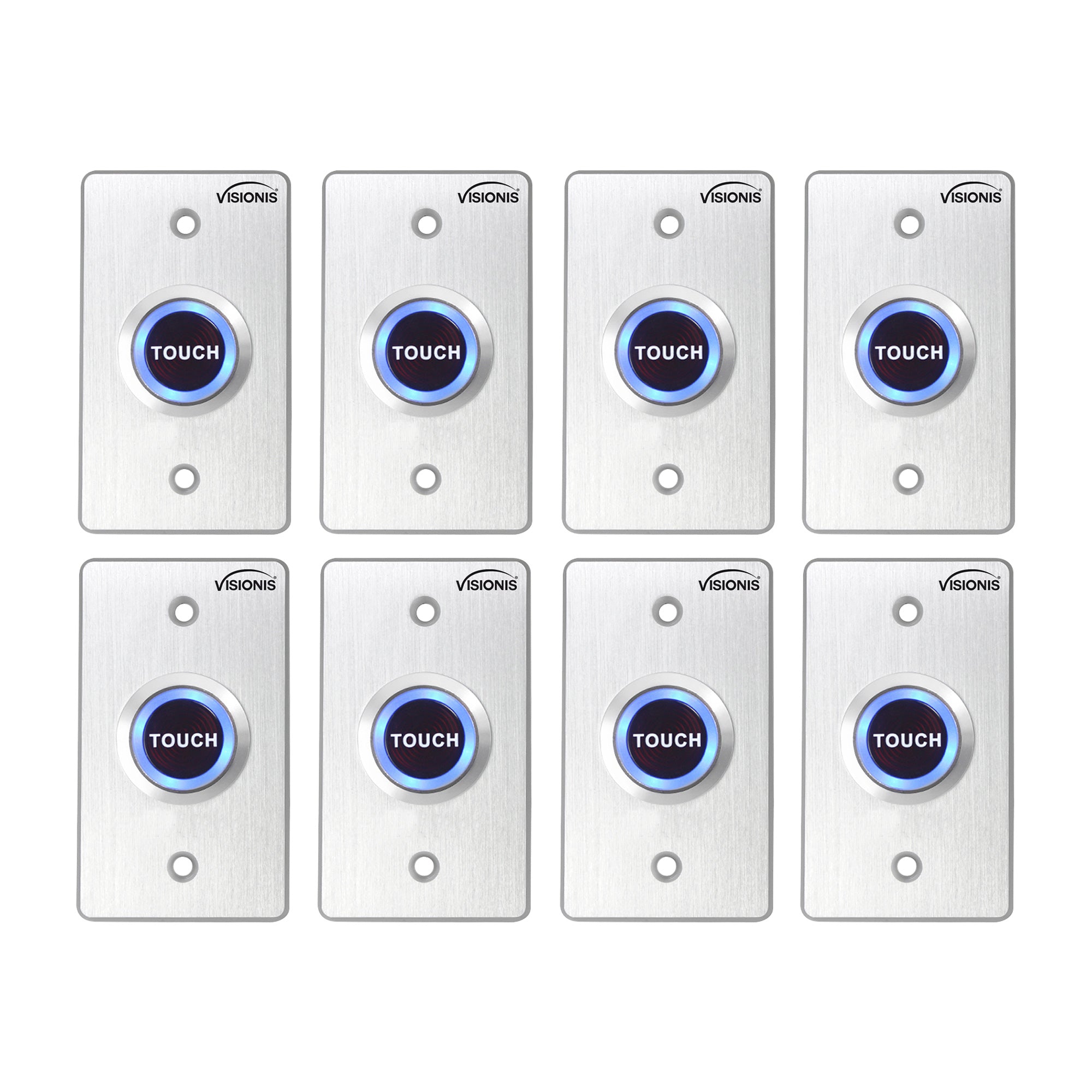 Visionis 8 Pack FPC-7519 VIS-7005 Indoor Ultra Thin Push + Touch To Exit Button For Door Access Control With LED Light NC COM And NO Outputs