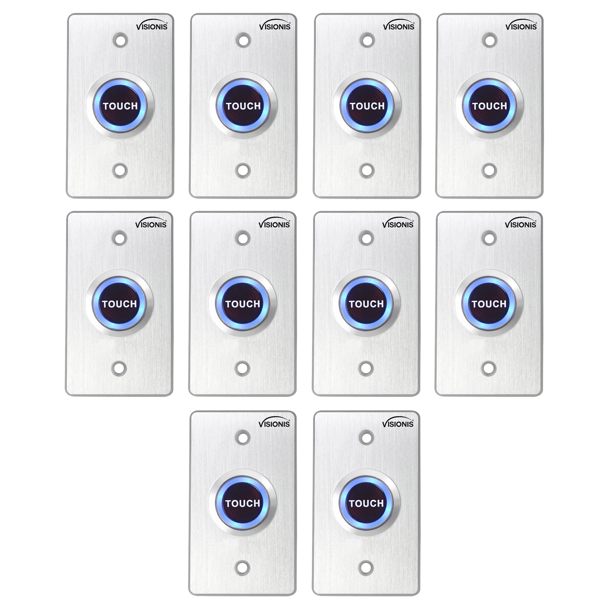 10 Pack Touch To Exit Button for Door Access Control VIS-7005. With LED Light. For Indoor Use. Thick Aluminium Alloy. NC, COM and NO Outputs - FPC-7519 Visionis