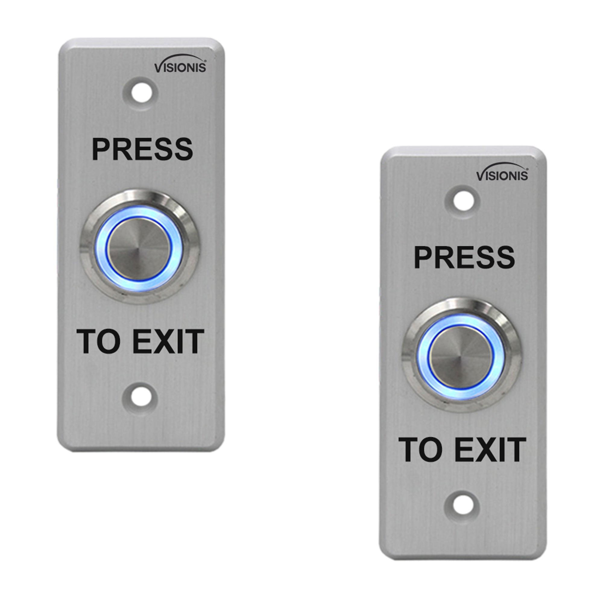 2 Pack Request to Exit Button VIS-7008. Indoor + Outdoor Weather, Waterproof Rated IP65. Stainless Steel Door Bell Type Round Slim Size. With LED Light. NC, COM and NO Outputs - FPC-7531 Visionis