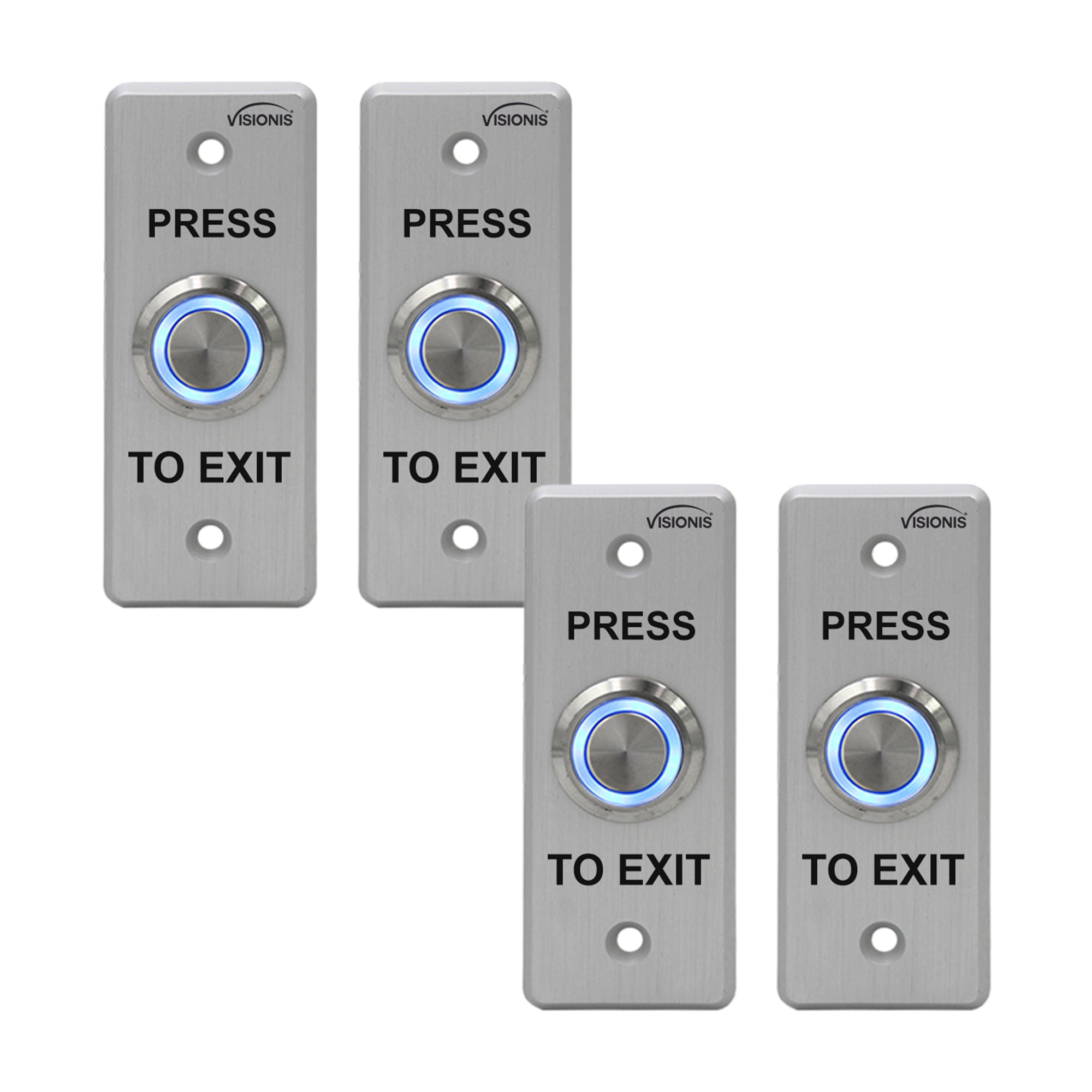 Visionis 4 Pack FPC-7532 VIS-7008 Indoor + Outdoor Weather, Waterproof Rated IP65 Stainless Steel Door Bell Type Round Request to Exit Button Slim Size for Door Access Control with LED Light + NC COM and NO Outputs