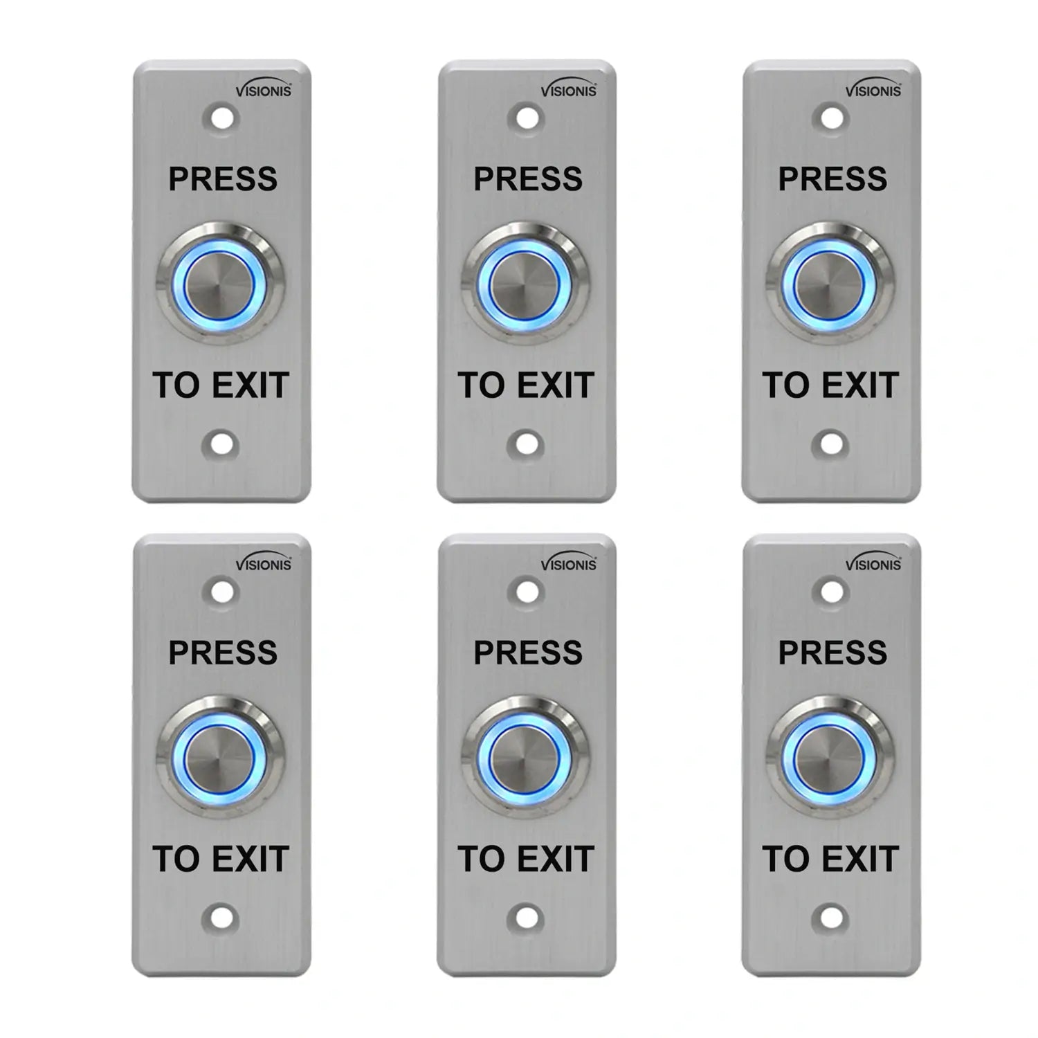Pack of 6 push to exit buttons. Waterproof and stainess steel