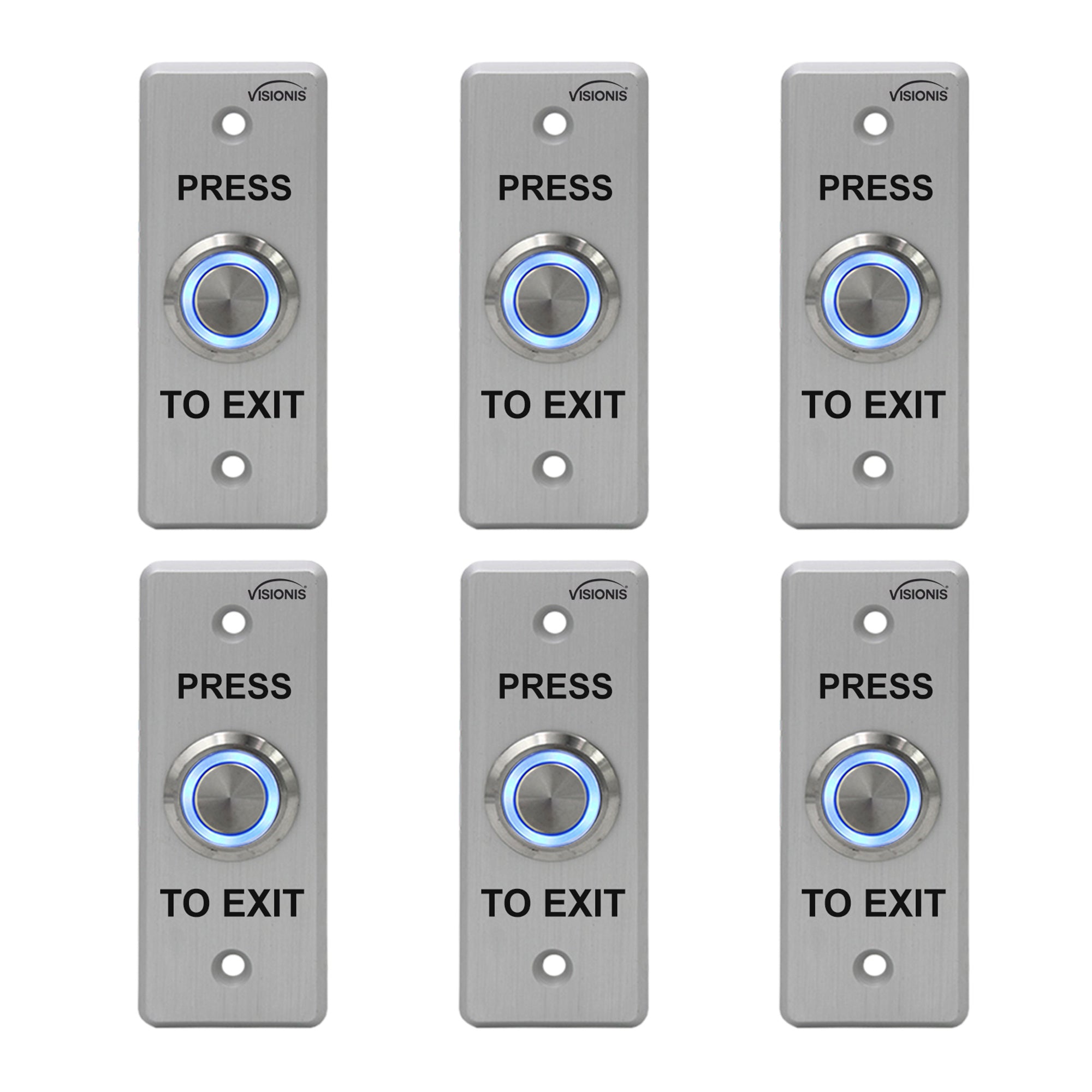 Visionis 6 Pack FPC-7533 VIS-7008 Indoor + Outdoor Weather, Waterproof Rated IP65 Stainless Steel Door Bell Type Round Request to Exit Button Slim Size for Door Access Control with LED Light + NC COM and NO Outputs