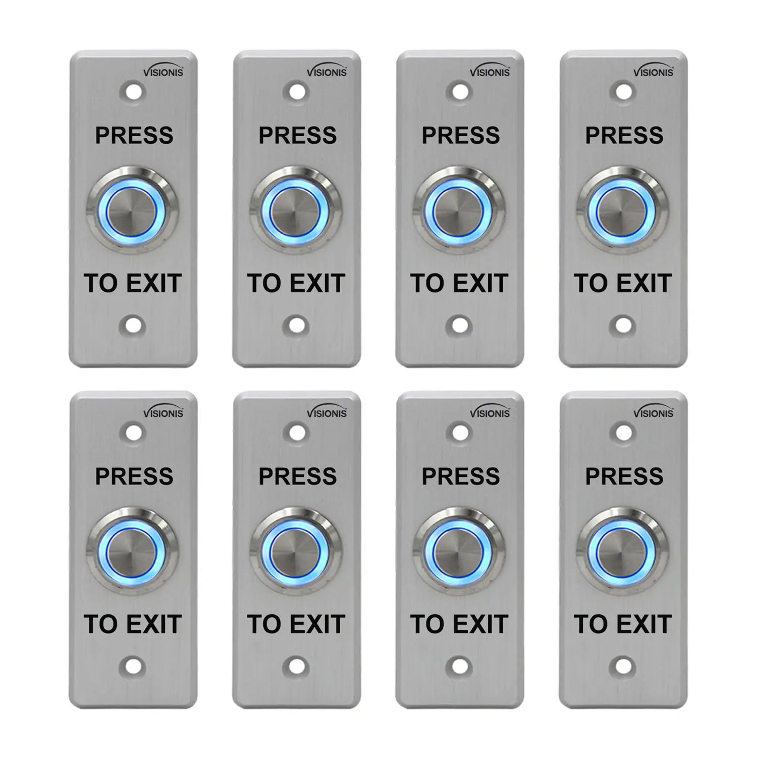 Pack of 8 push to exit buttons. Weatherproof and stainess steel