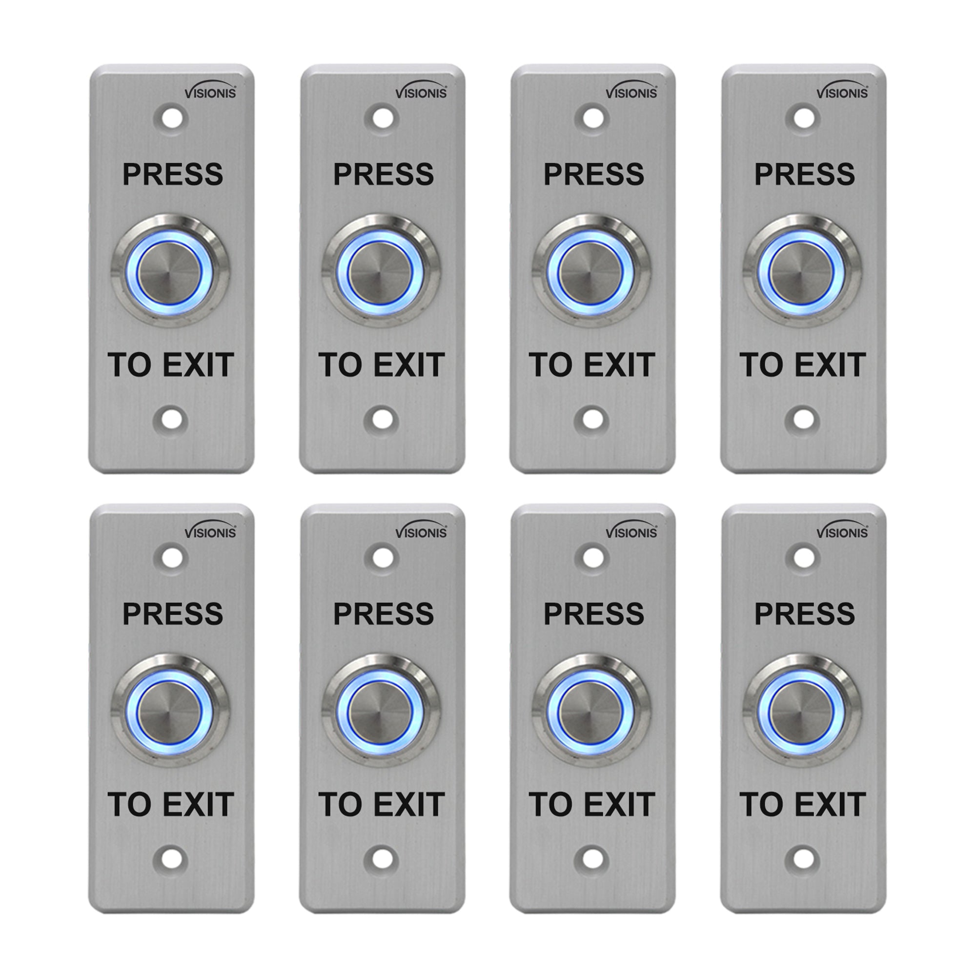 Visionis 8 Pack FPC-7534 VIS-7008 Indoor + Outdoor Weather, Waterproof Rated IP65 Stainless Steel Door Bell Type Round Request to Exit Button Slim Size for Door Access Control with LED Light + NC COM and NO Outputs