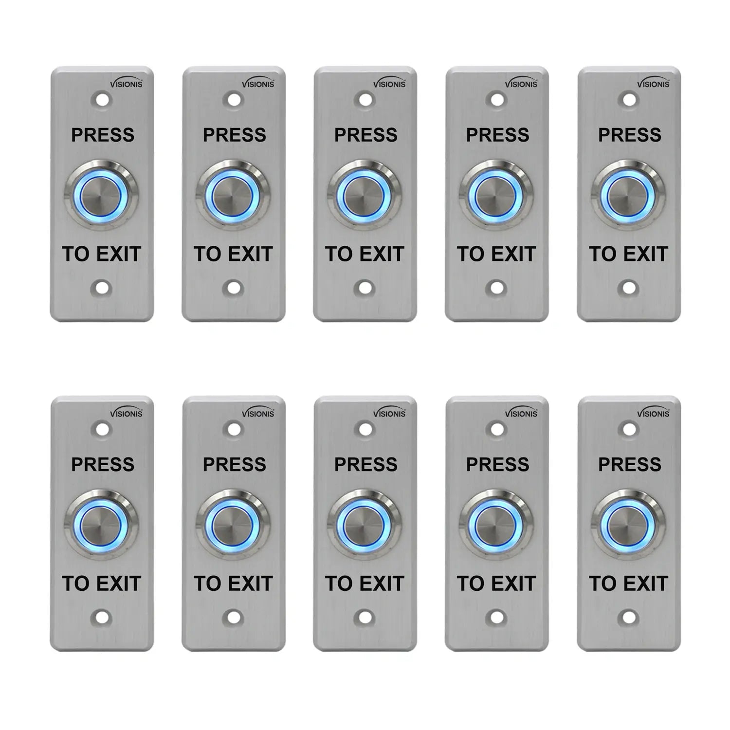 Pack of 10 push to exit buttons. Weatherproof and stainess steel