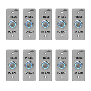 Pack of 10 push to exit buttons. Weatherproof and stainess steel