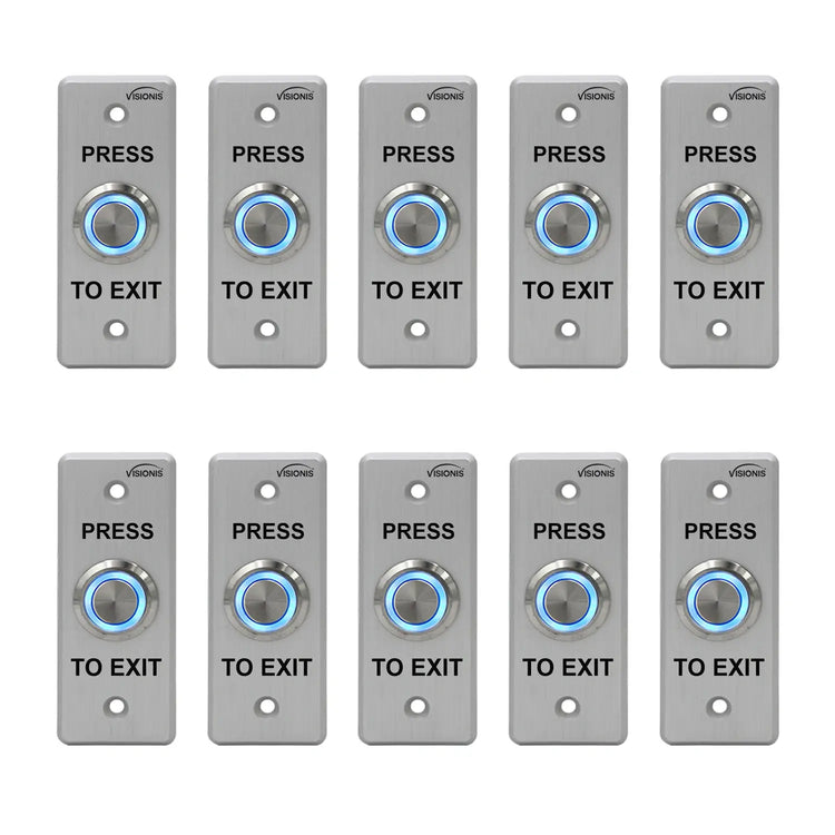 Pack of 10 push to exit buttons. Weatherproof and stainess steel