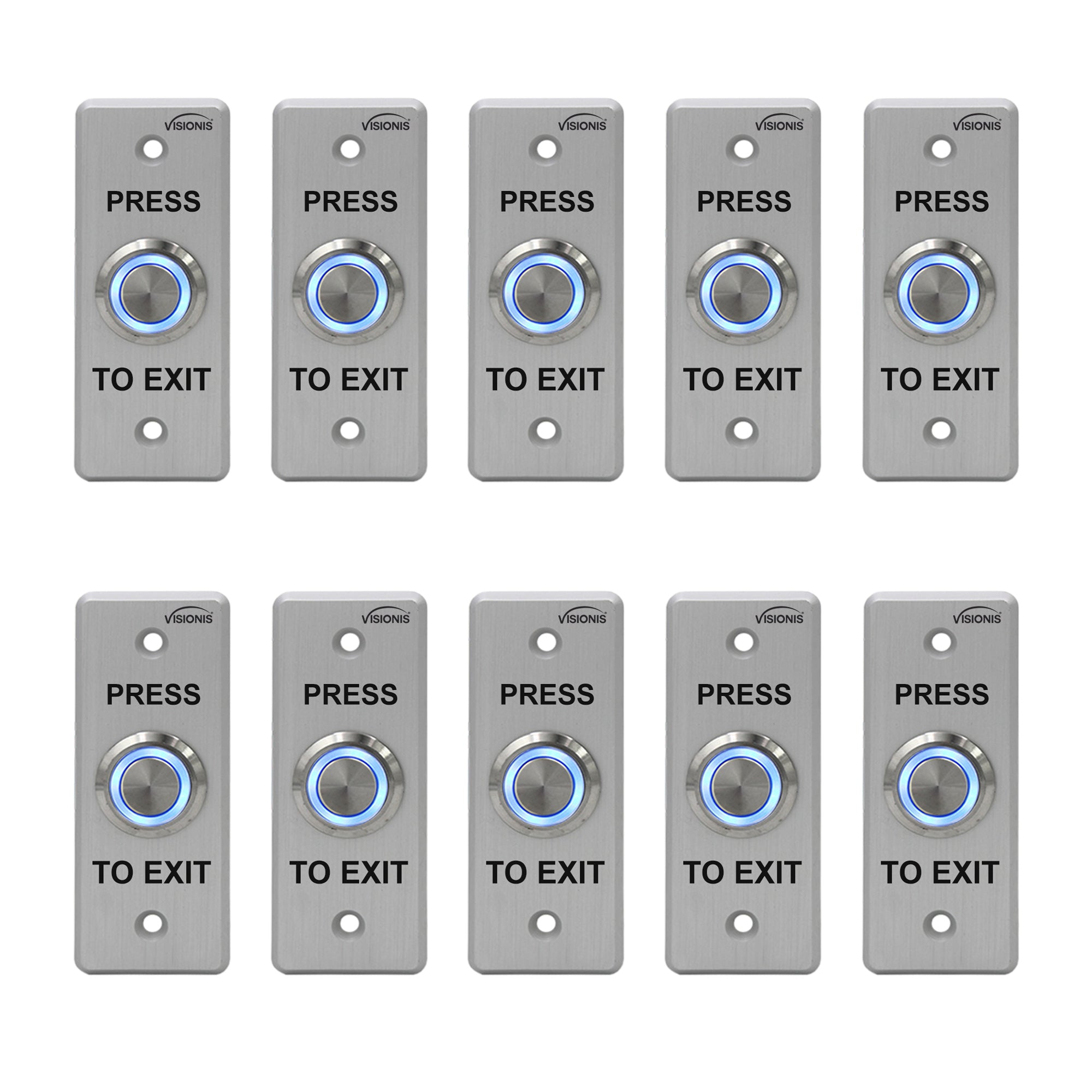 10 Pack Request to Exit Button VIS-7008. Indoor + Outdoor Weather, Waterproof Rated IP65. Stainless Steel Door Bell Type Round Slim Size. With LED Light. NC, COM and NO Outputs - FPC-7535 Visionis