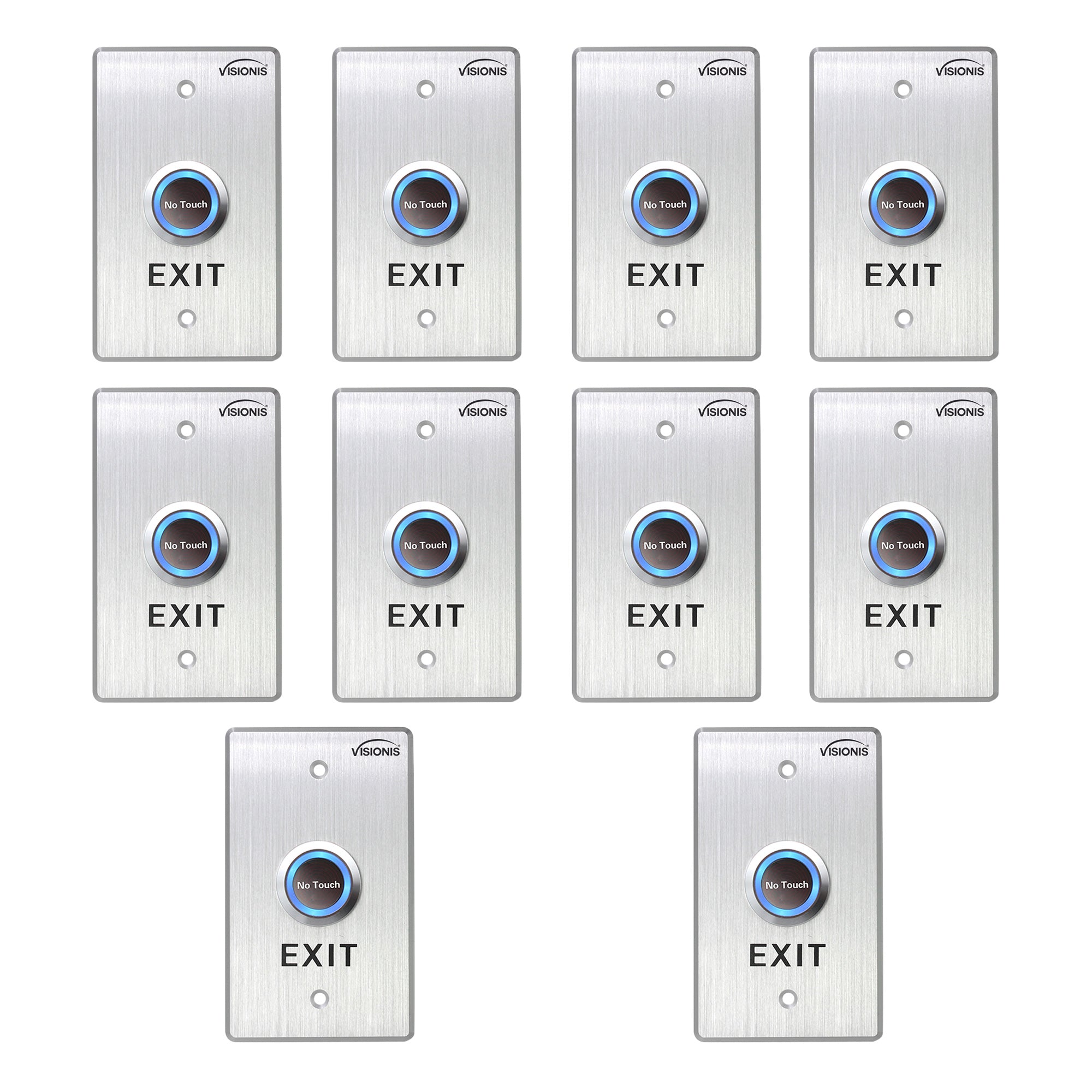 10 Pack No Touch Request To Exit Button VIS-7013. Indoor Stainless Steel With Timer Delay and LED Light. Standard Size. NC, COM And NO Outputs - FPC-7550 Visionis