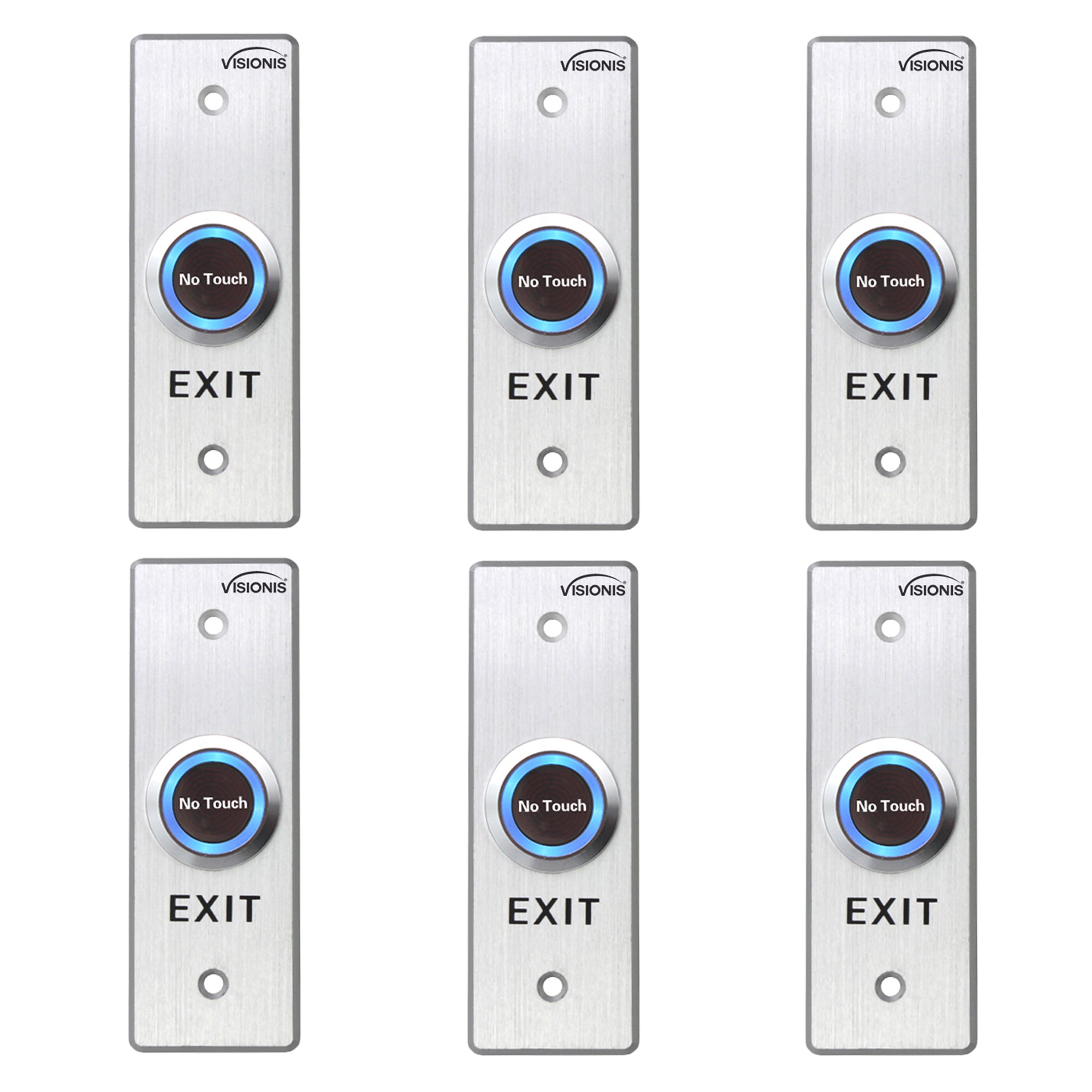 6 Pack No Touch Infrared Request To Exit Button VIS-7028. Indoor Stainless Steel With Timer Delay and LED Light. Slim Size. NC, COM And NO Outputs - FPC-7563 Visionis