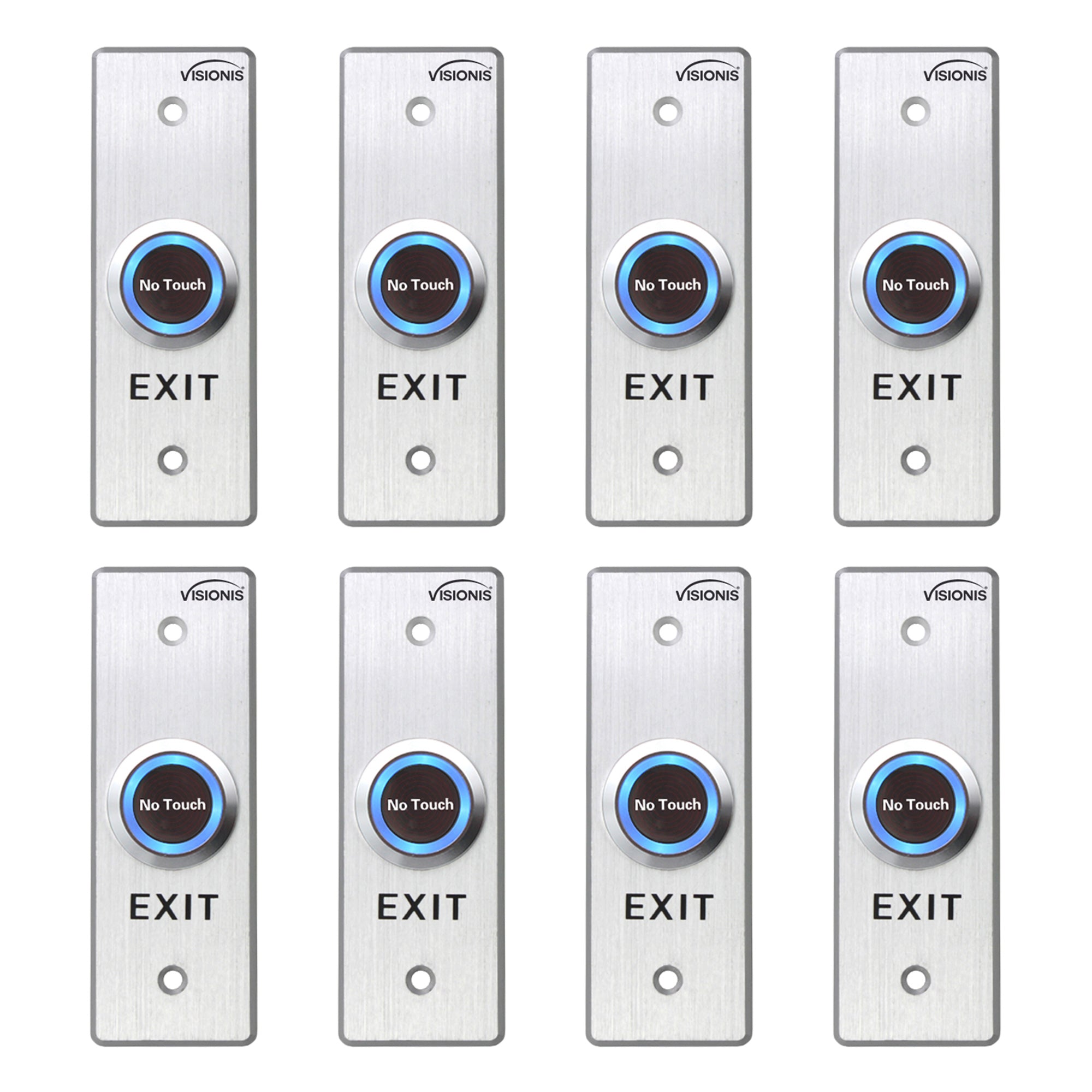 8 Pack No Touch Infrared Request To Exit Button VIS-7028. Indoor Stainless Steel With Timer Delay and LED Light. Slim Size. NC, COM And NO Outputs - FPC-7564 Visionis