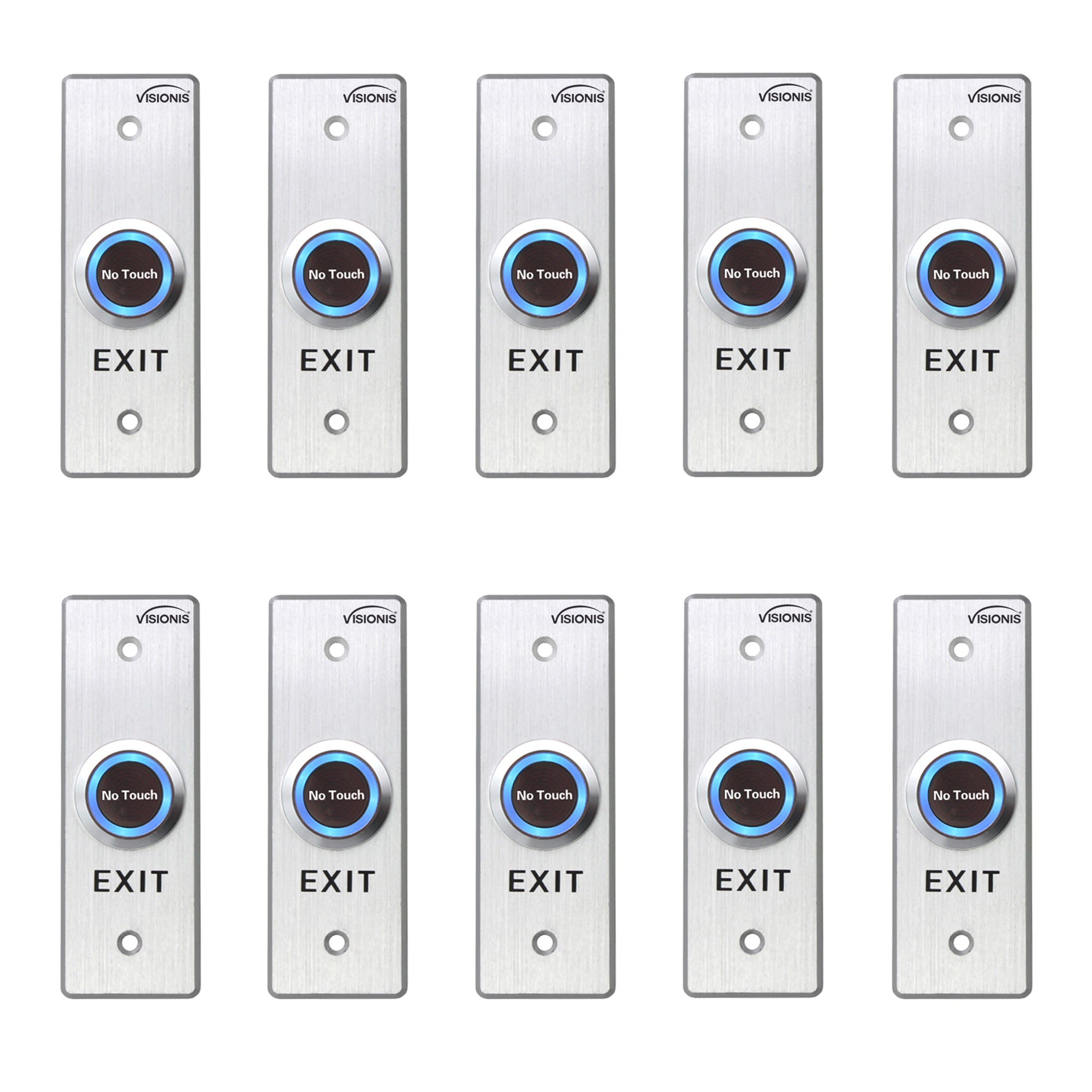 10 Pack No Touch Infrared Request To Exit Button VIS-7028. Indoor Stainless Steel With Timer Delay and LED Light. Slim Size. NC, COM And NO Outputs - FPC-7565 Visionis