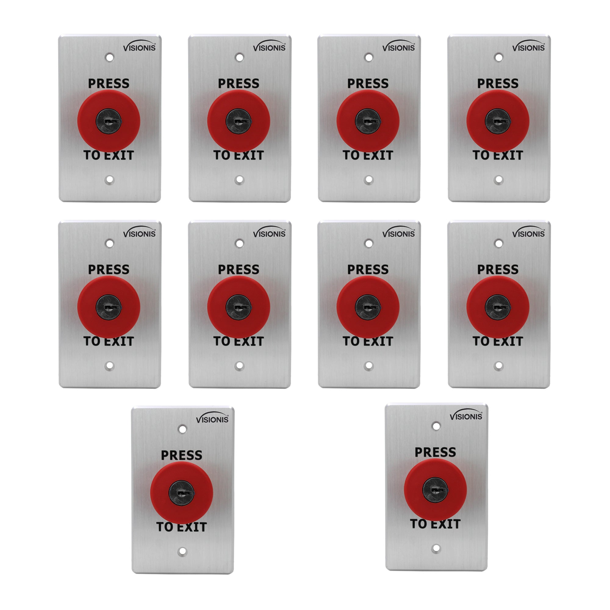 Visionis 10 Pack FPC-7575 VIS-7031 Indoor Big Red With Cylinder Key Request To Push To Exit Button For Door Access Control With NC COM And NO Outputs