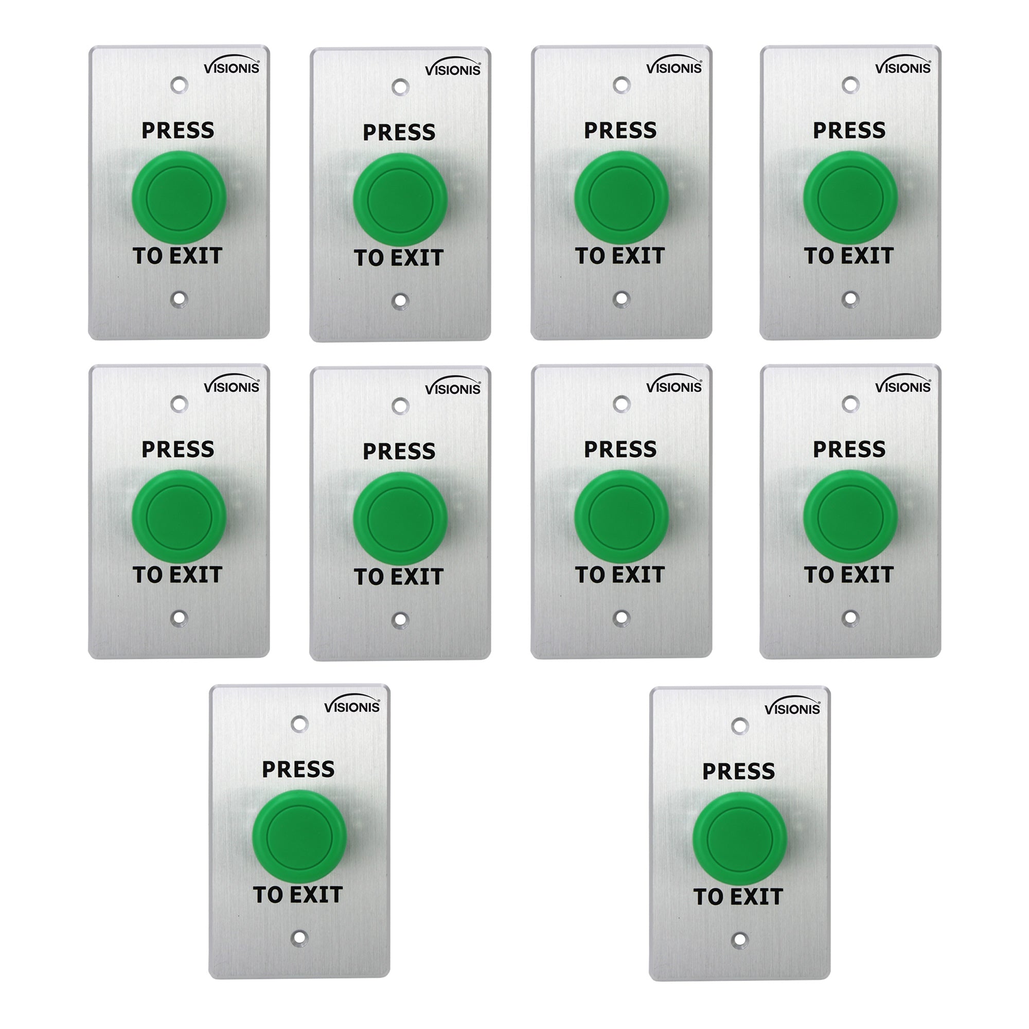 10 Pack Push to Exit Button for Door Access Control VIS-7032. Big Green Button. For Indoor Use. Stainless Steel. With NC, COM and NO Outputs - FPC-7580 Visionis