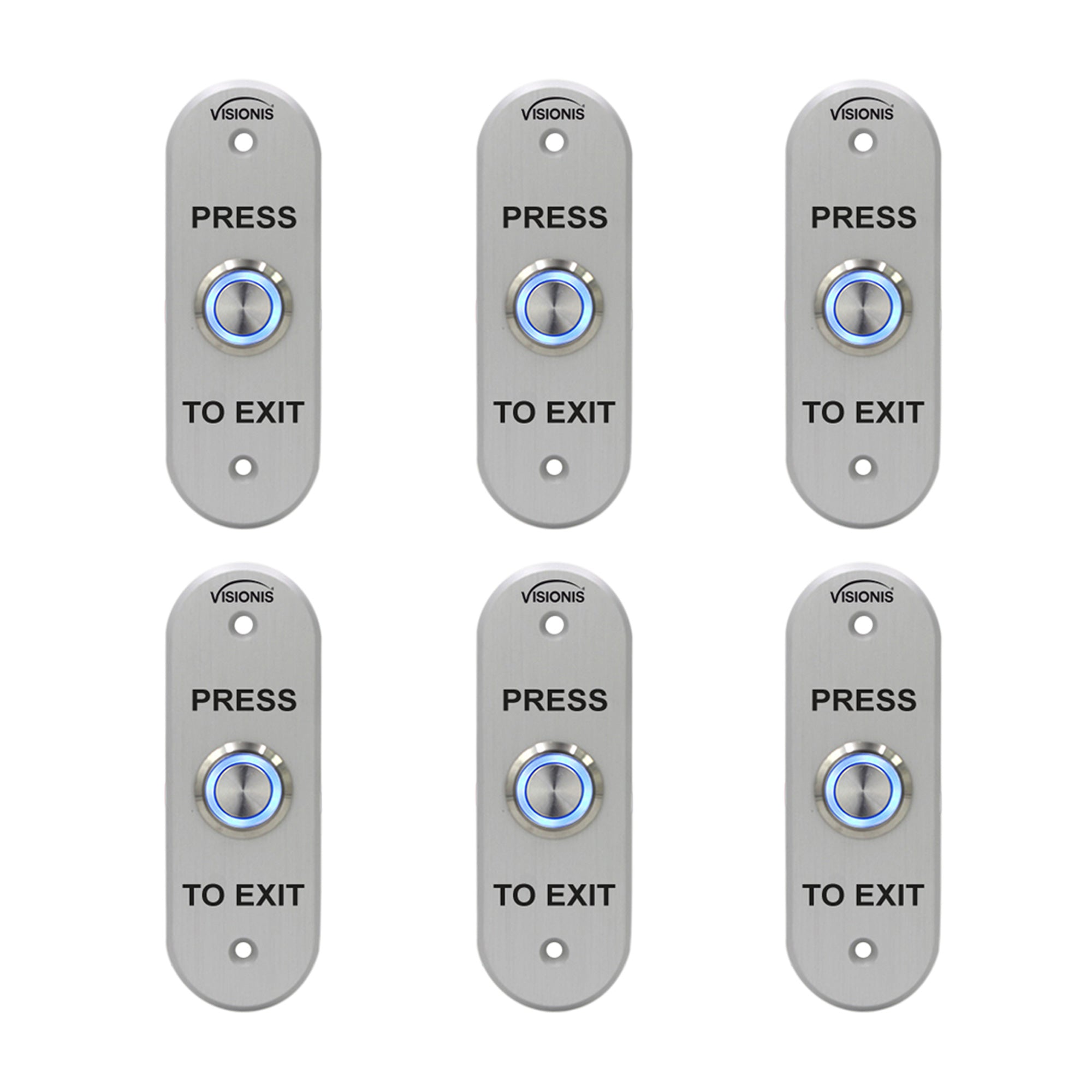 Visionis 6 Pack FPC-7598 VIS-7036 Indoor + Outdoor Weather and Waterproof Rated IP65 Stainless Steel Door Bell Type Round Request to Exit Button Oval Shape for Door Access Control with LED Light + NC COM and NO Outputs