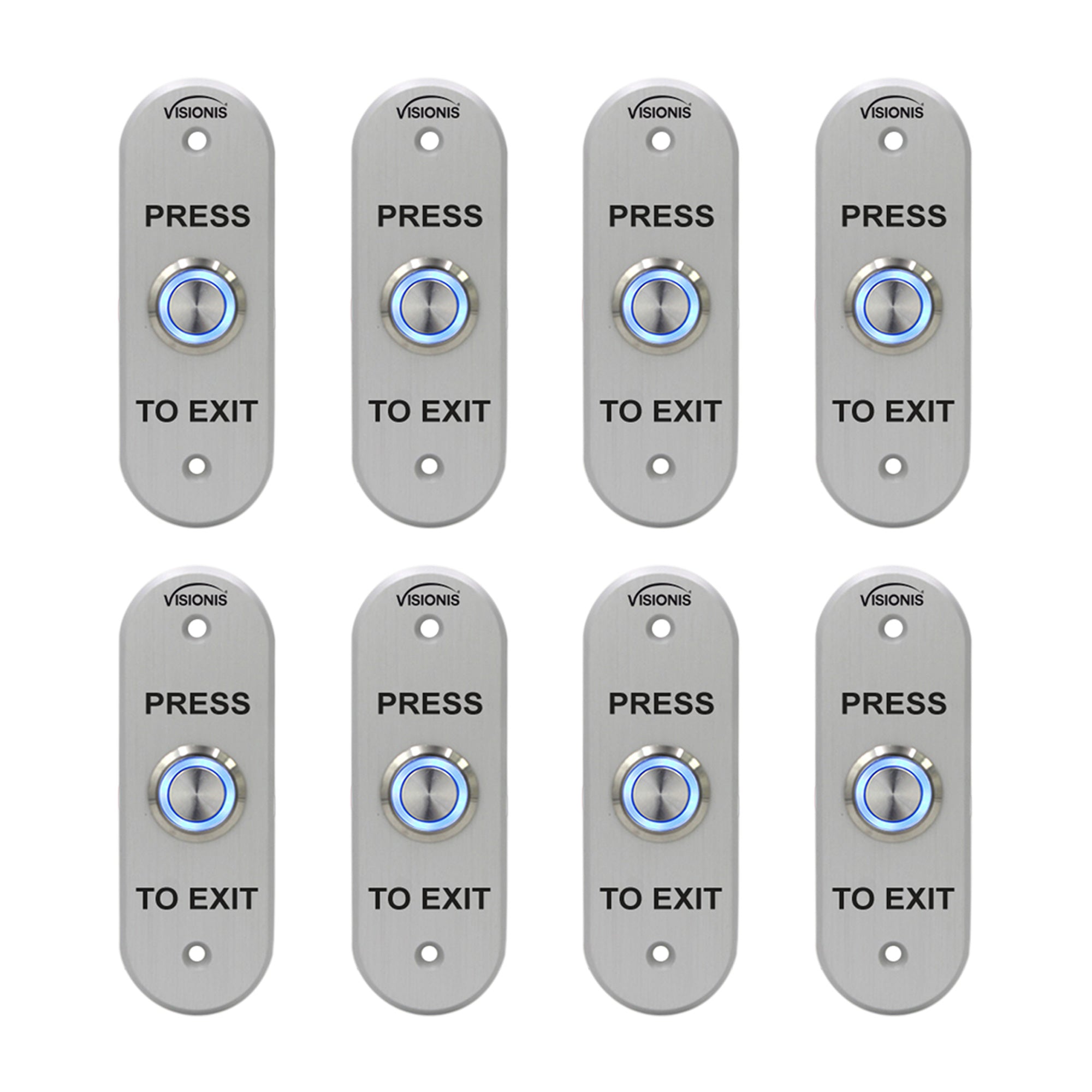 Visionis 8 Pack FPC-7599 VIS-7036 Indoor + Outdoor Weather and Waterproof Rated IP65 Stainless Steel Door Bell Type Round Request to Exit Button Oval Shape for Door Access Control with LED Light + NC COM and NO Outputs