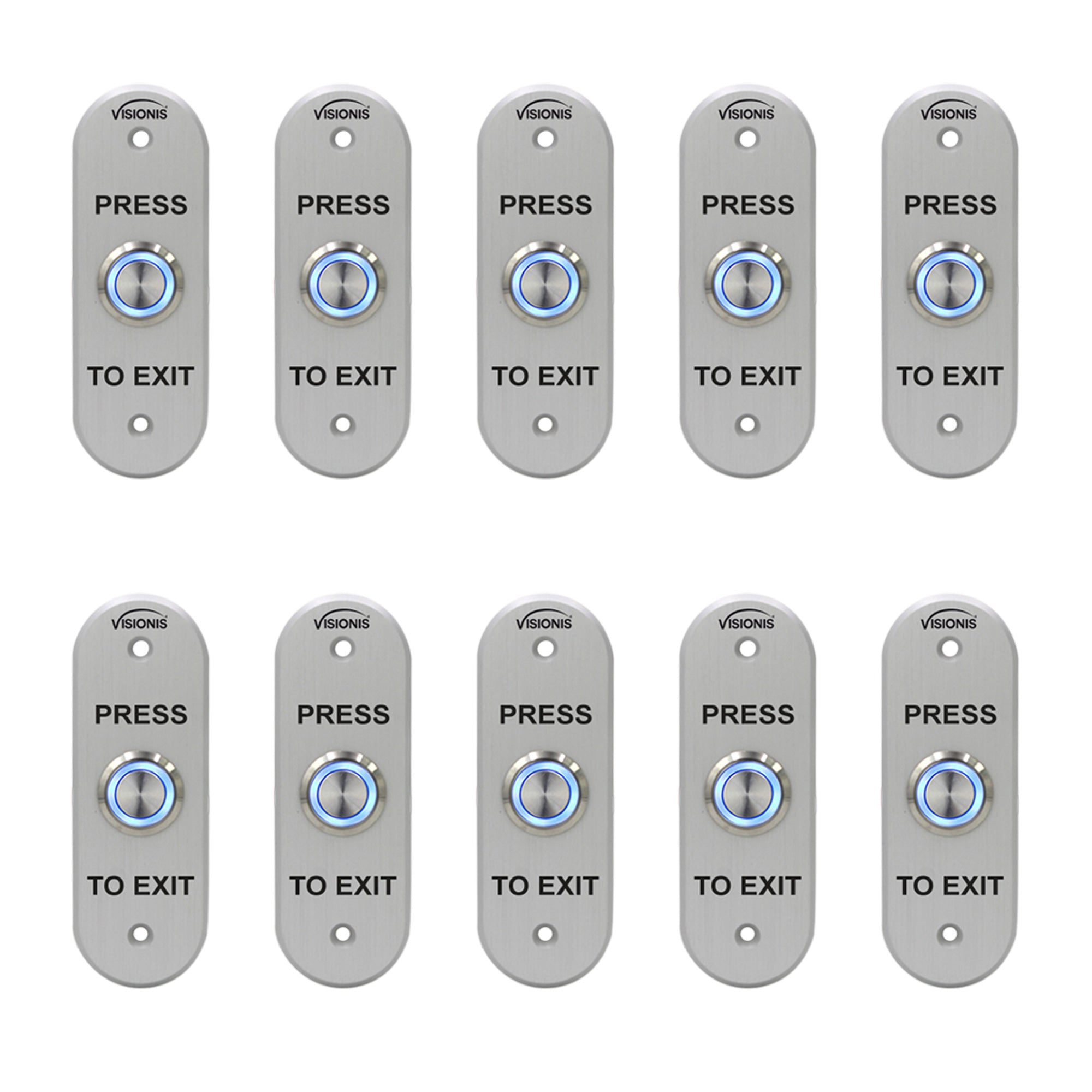 Visionis 10 Pack FPC-7600 VIS-7036 Indoor + Outdoor Weather and Waterproof Rated IP65 Stainless Steel Door Bell Type Round Request to Exit Button Oval Shape for Door Access Control with LED Light + NC COM and NO Outputs