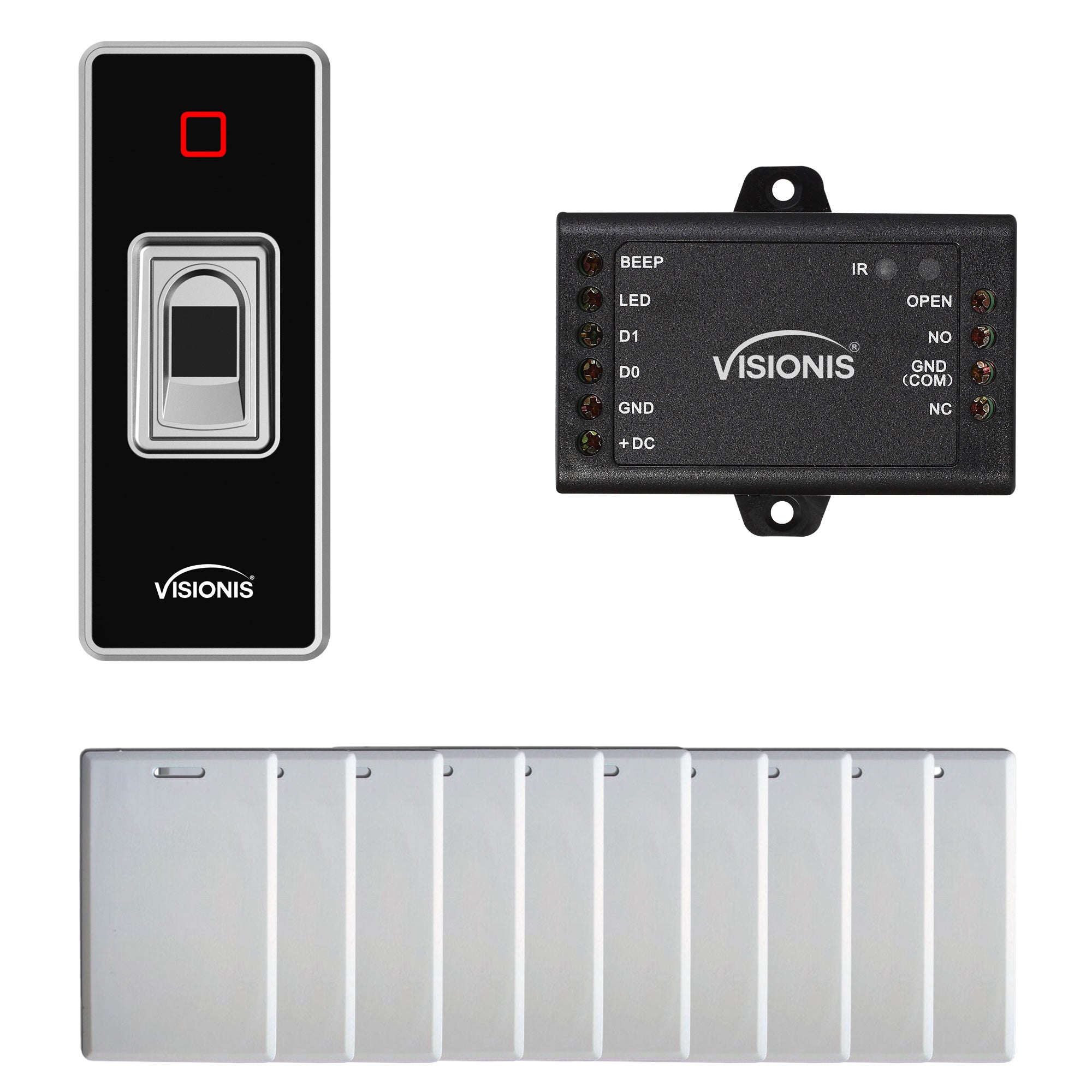 FPC-7752 VIS-3024 Indoor + Outdoor Rated IP68 Access Control Biometric Fingerprint Reader Standalone with Mini Controller + Wiegand 26 + 1000 EM Cards or Fingerprints, Pack of 10 Proximity Cards