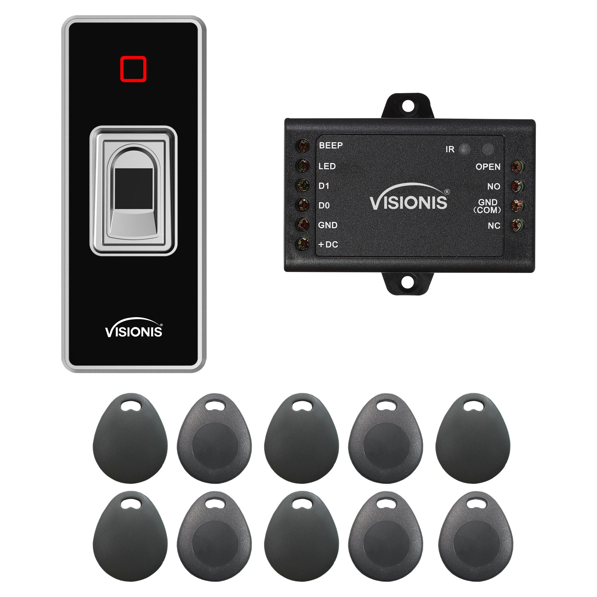 FPC-7755 VIS-3024 Indoor + Outdoor Rated IP68 Access Control Biometric Fingerprint Reader Standalone with Mini Controller + Wiegand 26 + 1000 EM Cards or Fingerprints, Pack of 10 Proximity Key Tags