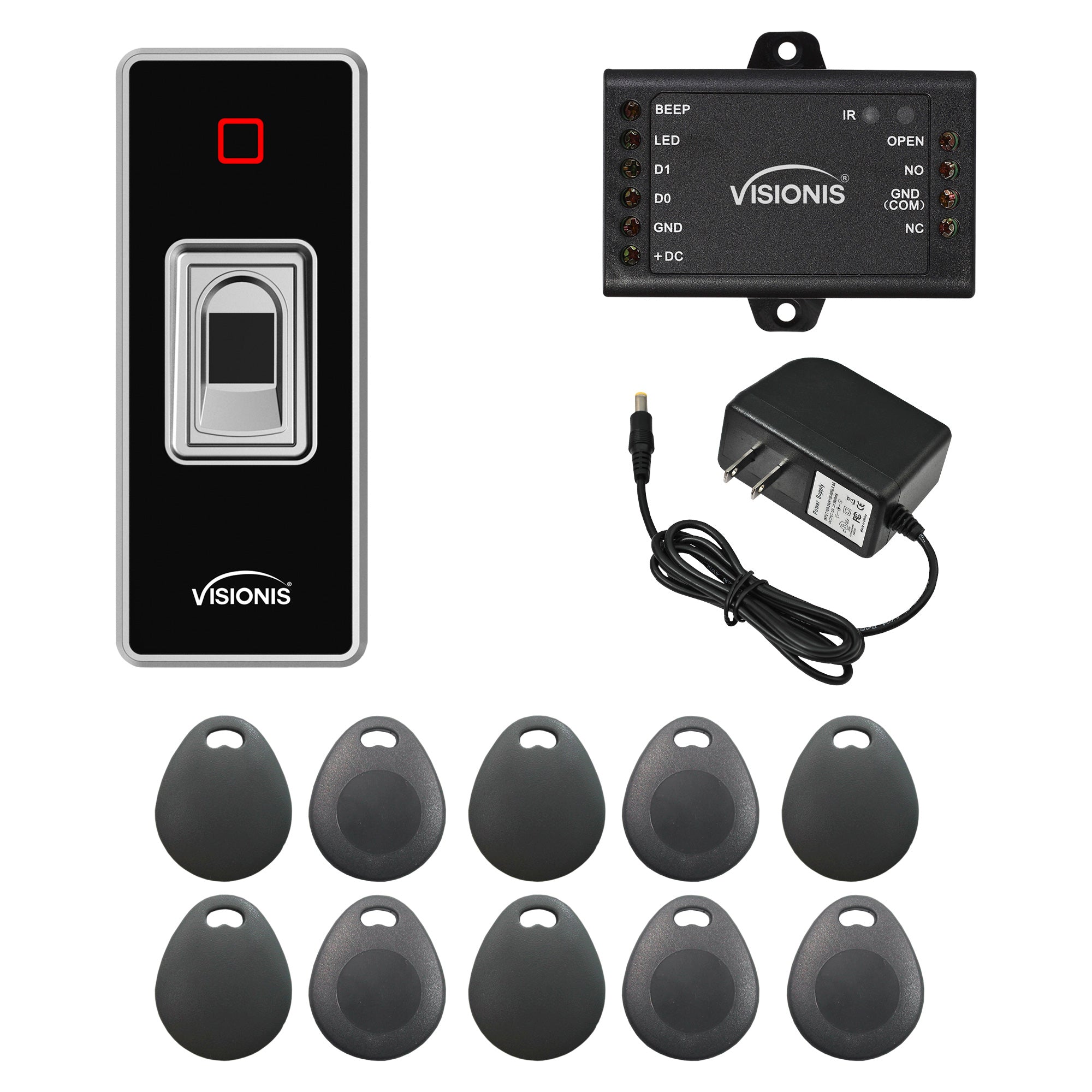 FPC-7756 VIS-3024 Indoor + Outdoor Rated IP68 Access Control Biometric Fingerprint Reader Standalone with Mini Controller + Wiegand 26 + 1000 EM Cards or Fingerprints, Pack of 10 Proximity Key Tags