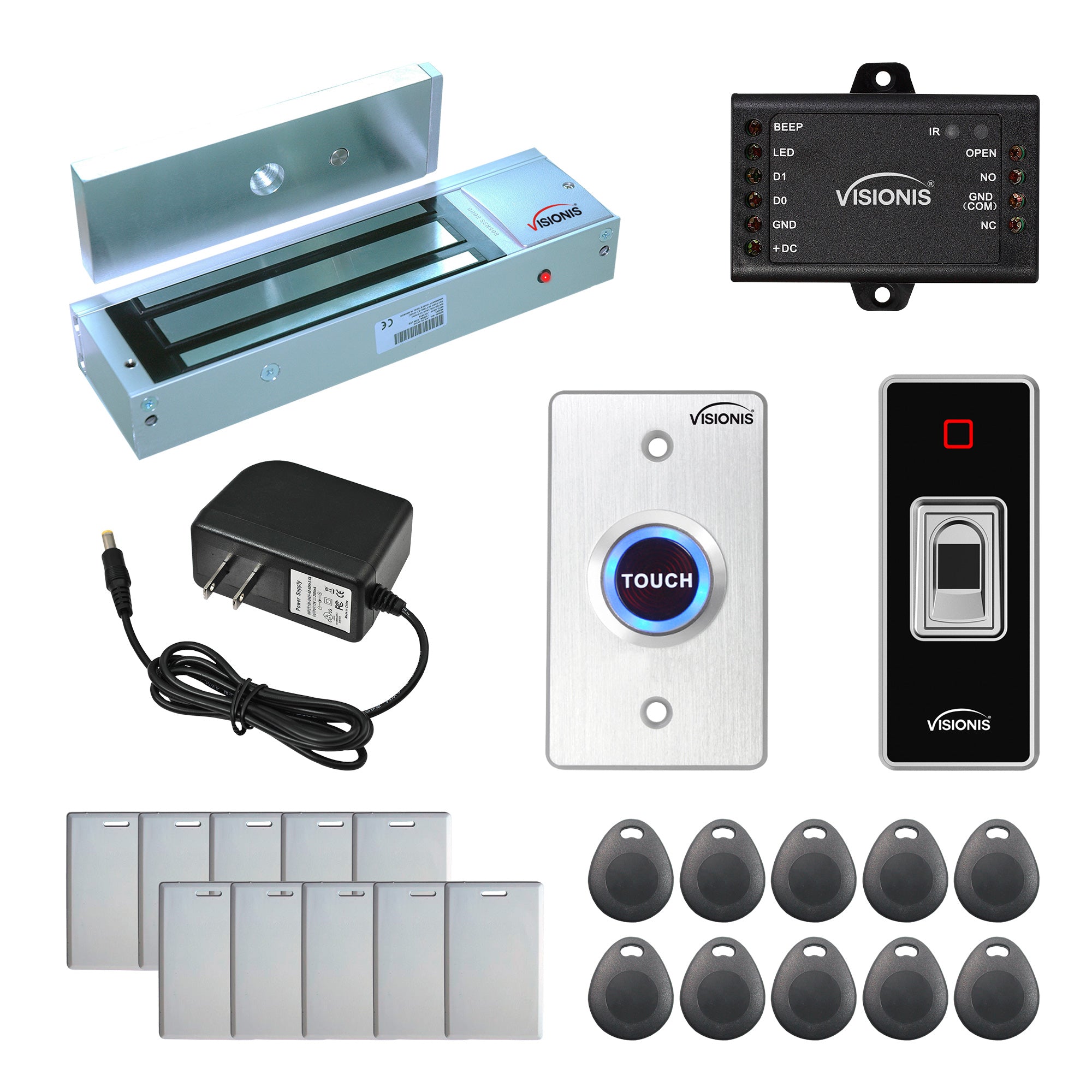 FPC-7759 One Door Access Control Out Swinging Door 1200lbs Maglock, Indoor + Outdoor Rated IP68 Fingerprint Biometric Reader Standalone with Mini Controller + Wiegand 26, No Software, EM Cards Kit