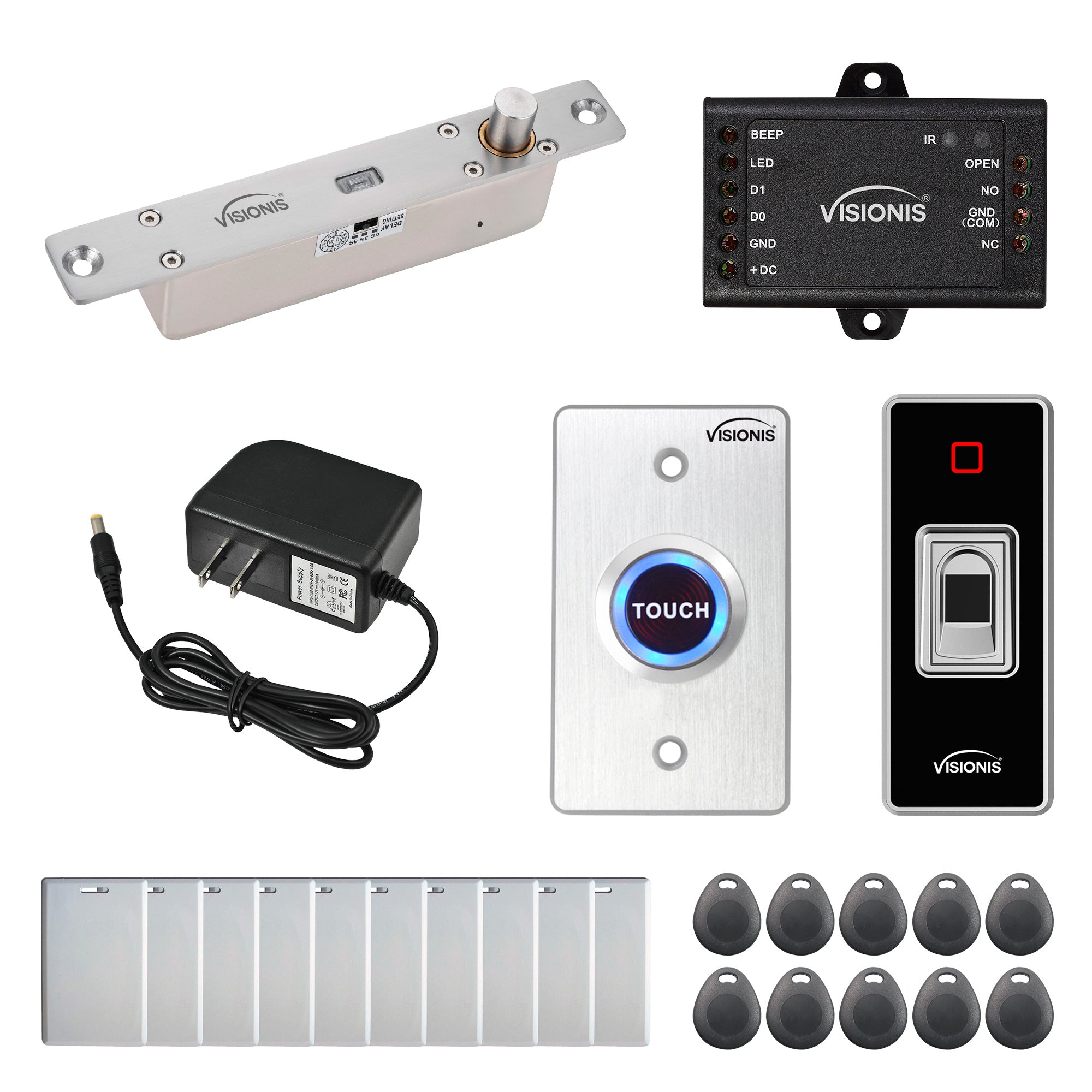 FPC-7781 One Door Access Control 2600lbs Electric Drop Bolt Fail Secure Time Delay, Indoor + Outdoor IP68 Fingerprint Biometric Reader Standalone + Mini Controller + Wiegand 26, No Software, EM Cards