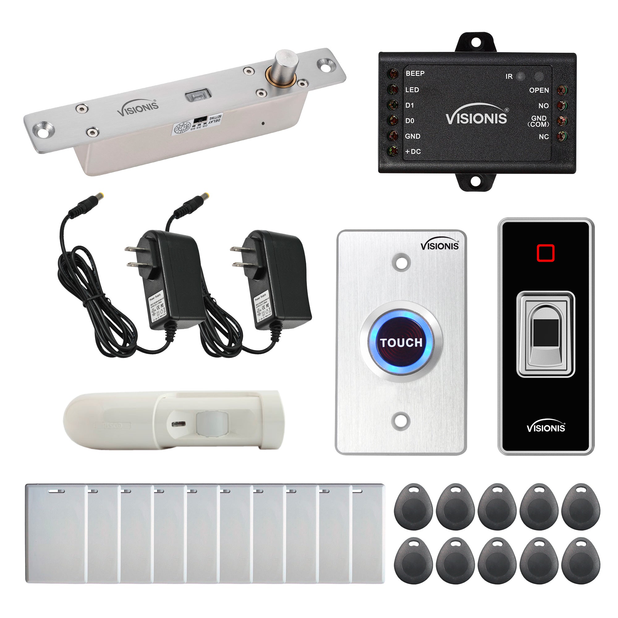 FPC-7783 One Door Access Control 2600lbs Electric Drop Bolt Fail Secure Time Delay, Indoor + Outdoor IP68 Fingerprint Biometric Reader Standalone + Mini Controller + Wiegand 26, No Software + PIR Kit