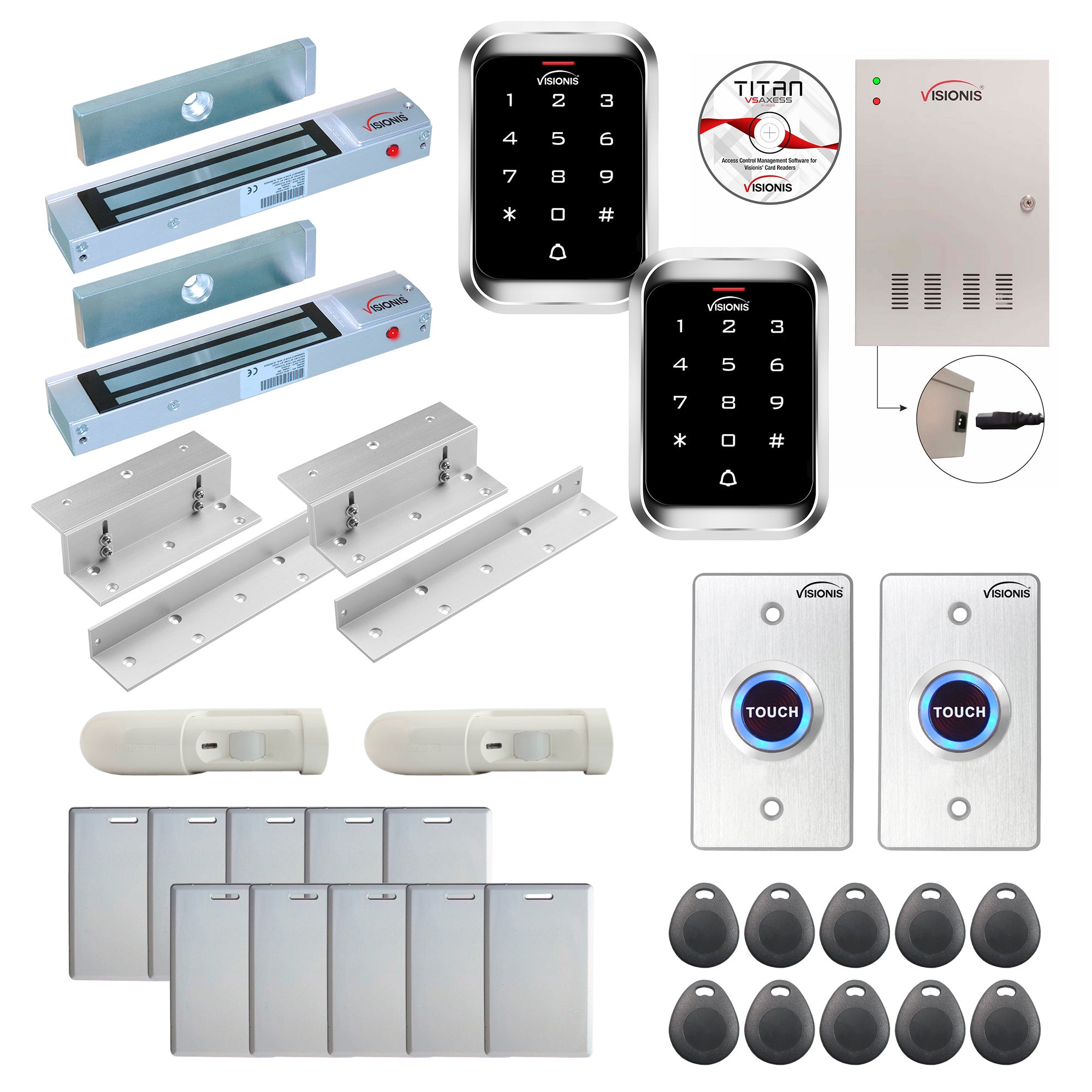 FPC-7926 2 Doors Access Control Electromagnetic Lock For Inswinging Door 300lbs TCP/IP Wiegand Controller Box, Weatherproof Keypad/Reader, EM Cards Compatible, Software Included, 20000 User, PIR Kit