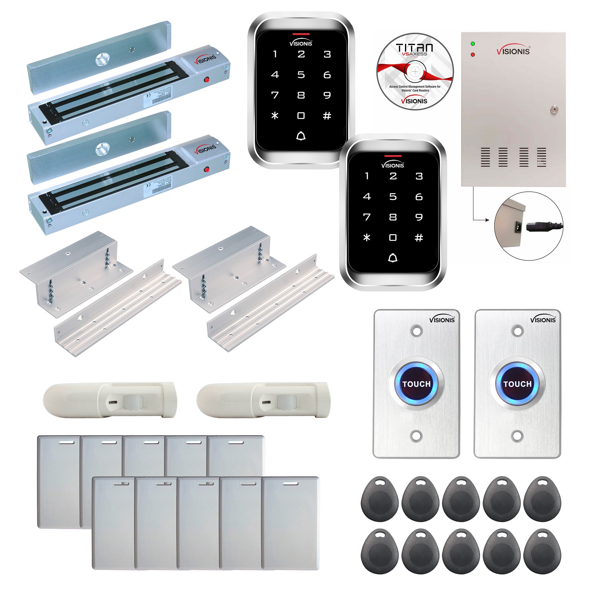 FPC-7927 2 Doors Access Control Electromagnetic Lock For Inswinging Door 600lbs TCP/IP Wiegand Controller Box, Weatherproof Keypad/Reader, EM Cards Compatible, Software Included, 20000 User, PIR Kit