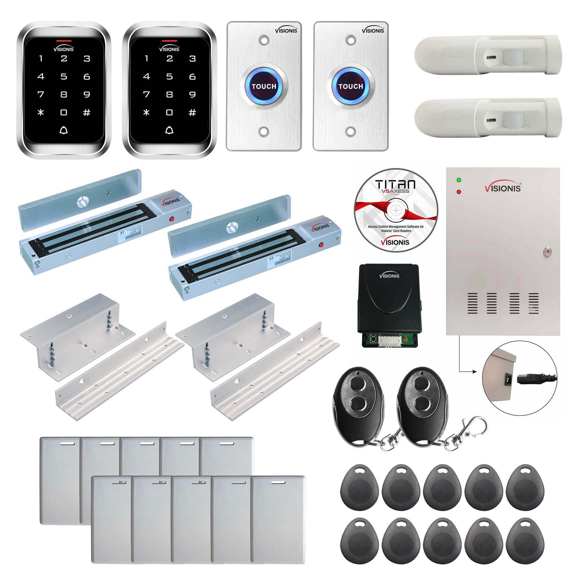 Office access control system with 600 lbs Magnetic Door Locks, Software, push to exit button and controller - FPC-7933