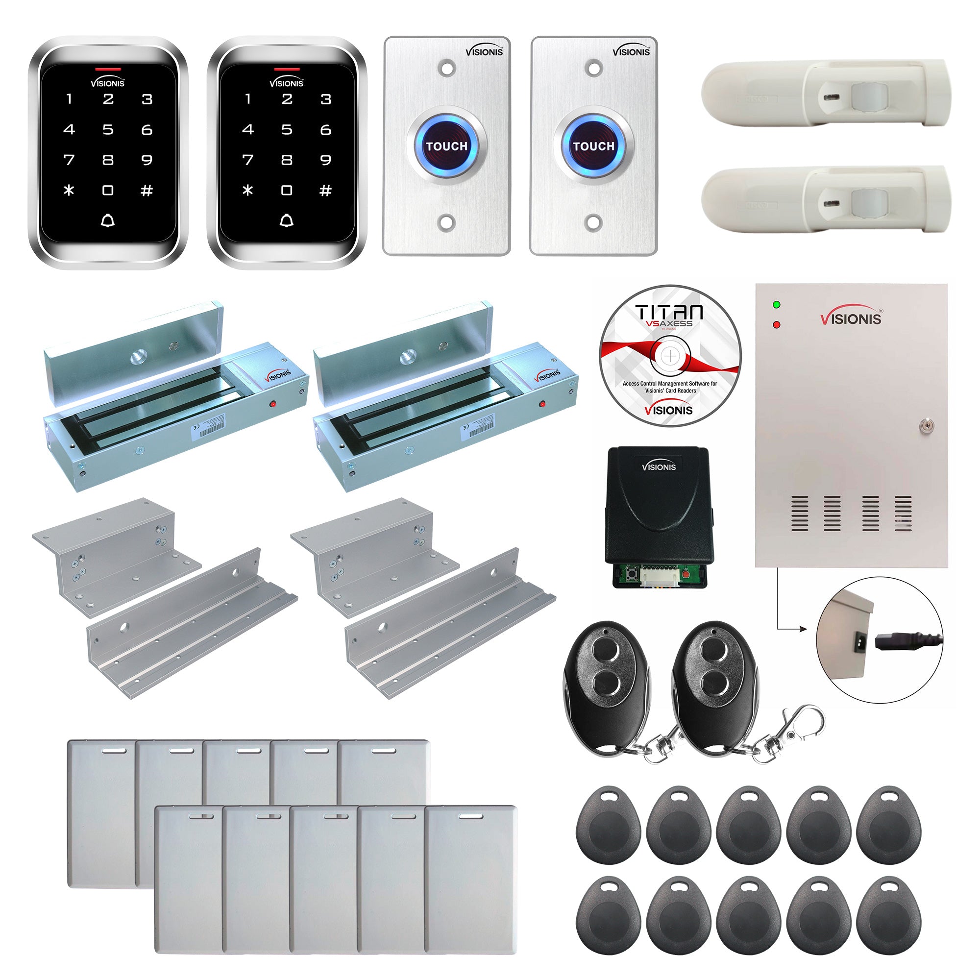 FPC-7934 2 Doors Access Control Electromagnetic Lock For Inswinging Door 1200lbs TCP/IP Wiegand Controller Box, Outdoor Weatherproof Keypad/Reader, EM Compatible, Software Included, Receiver, PIR Kit