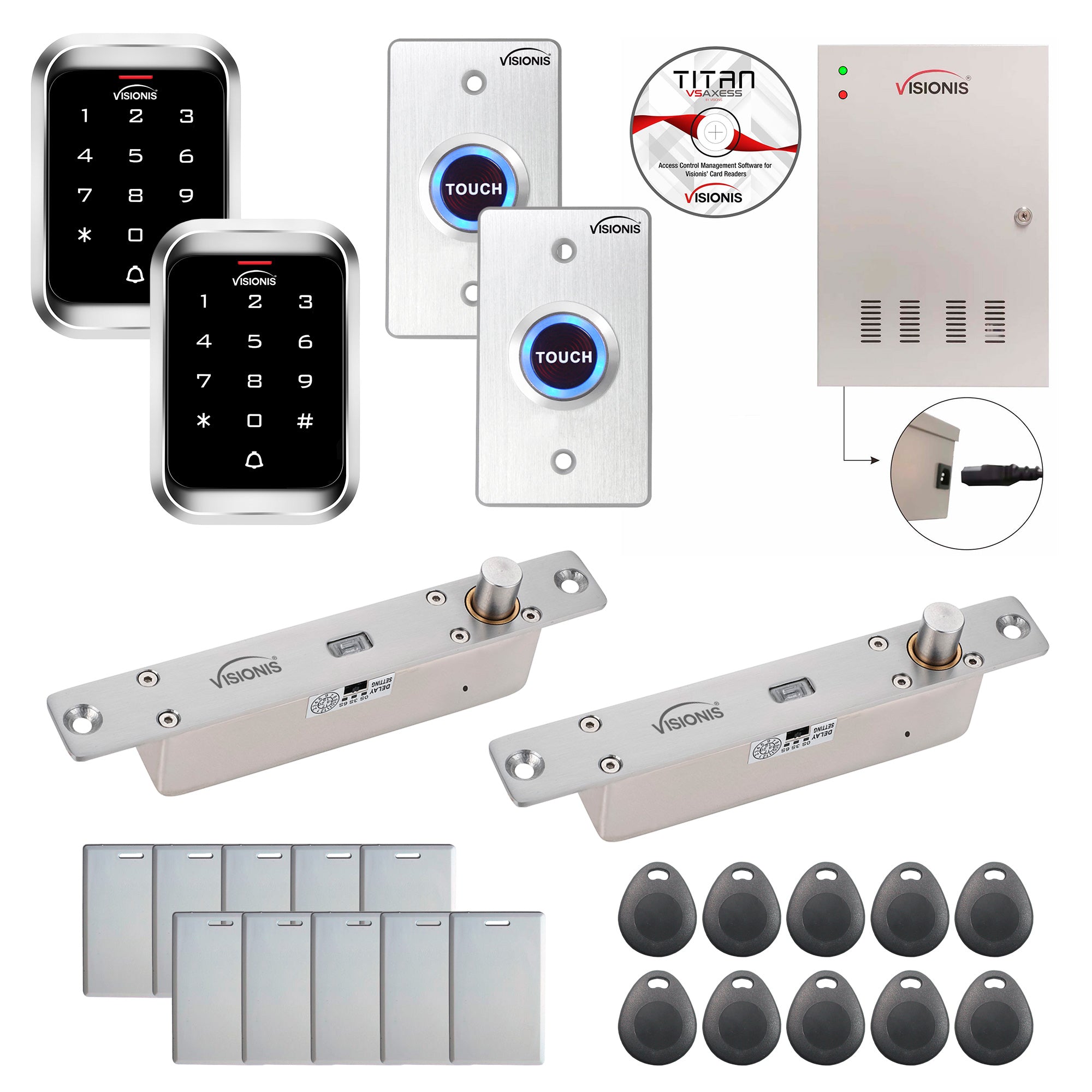 FPC-7935 Two Doors Access Control Electric Drop Bolt Fail Secure Time Attendance TCP/IP Wiegand Controller Box, Power Supply, Outdoor Weatherproof Keypad/Reader, EM Compatible, Software Included Kit