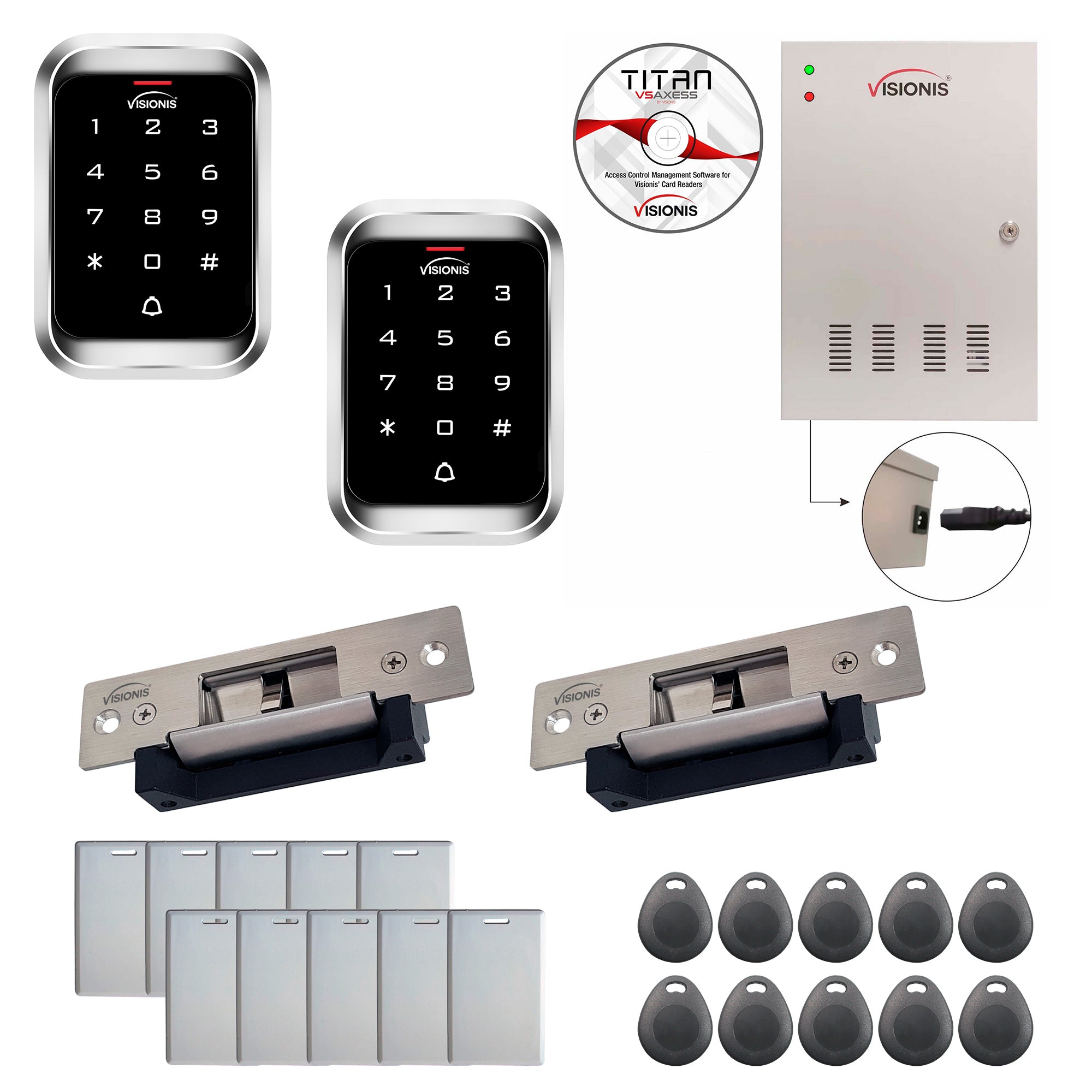 FPC-7936 Two Doors Access Control Electric Strike Fail Safe Fail Secure Time Attendance TCP/IP Wiegand Controller Box, Power Supply, Weatherproof Keypad/Reader, EM Compatible, Software Included Kit