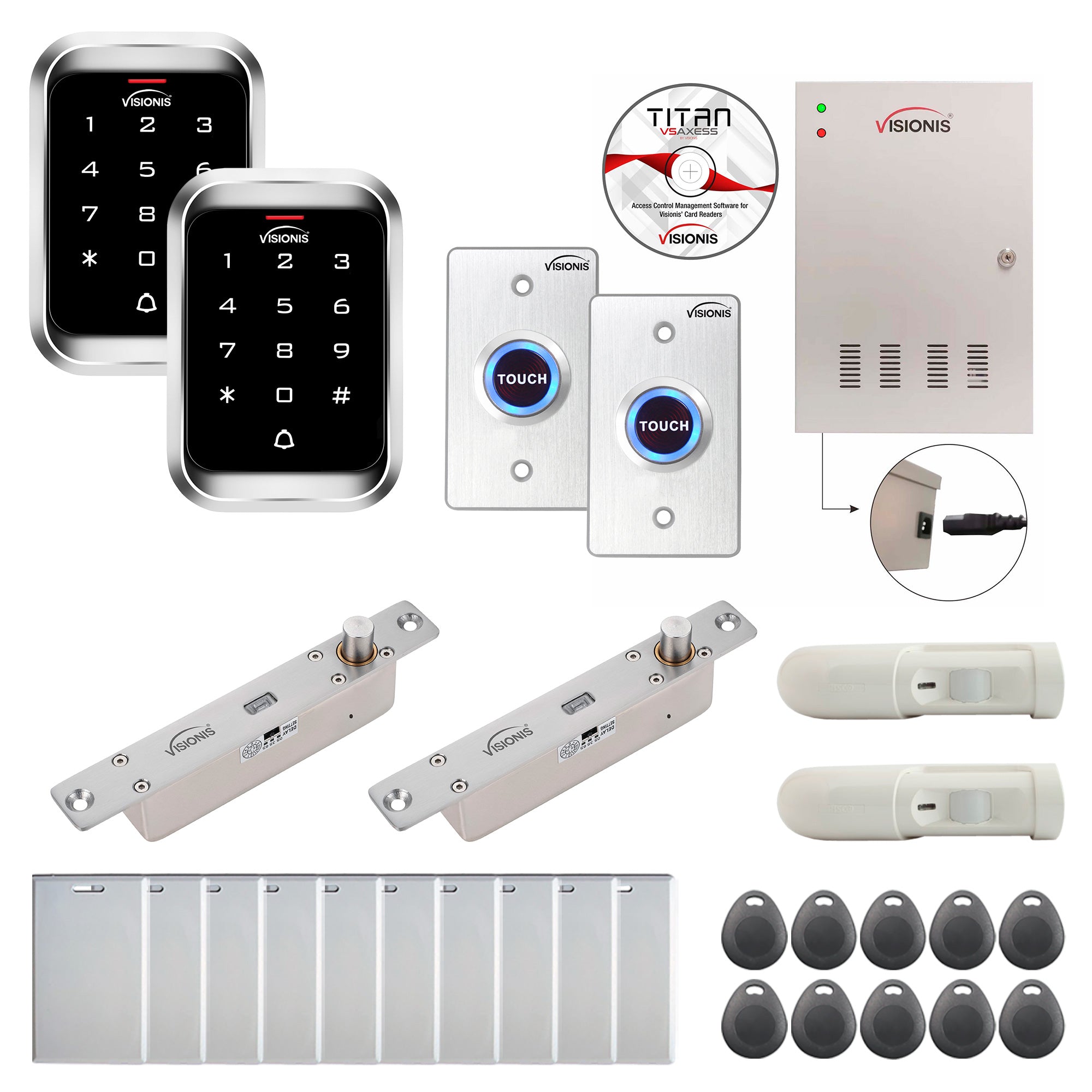 FPC-7937 2 Doors Access Control Electric Drop Bolt Fail Secure Time Attendance TCP/IP Wiegand Controller Box, Power Supply, Outdoor Weatherproof Keypad/Reader, EM Compatible, Software Included, PIR