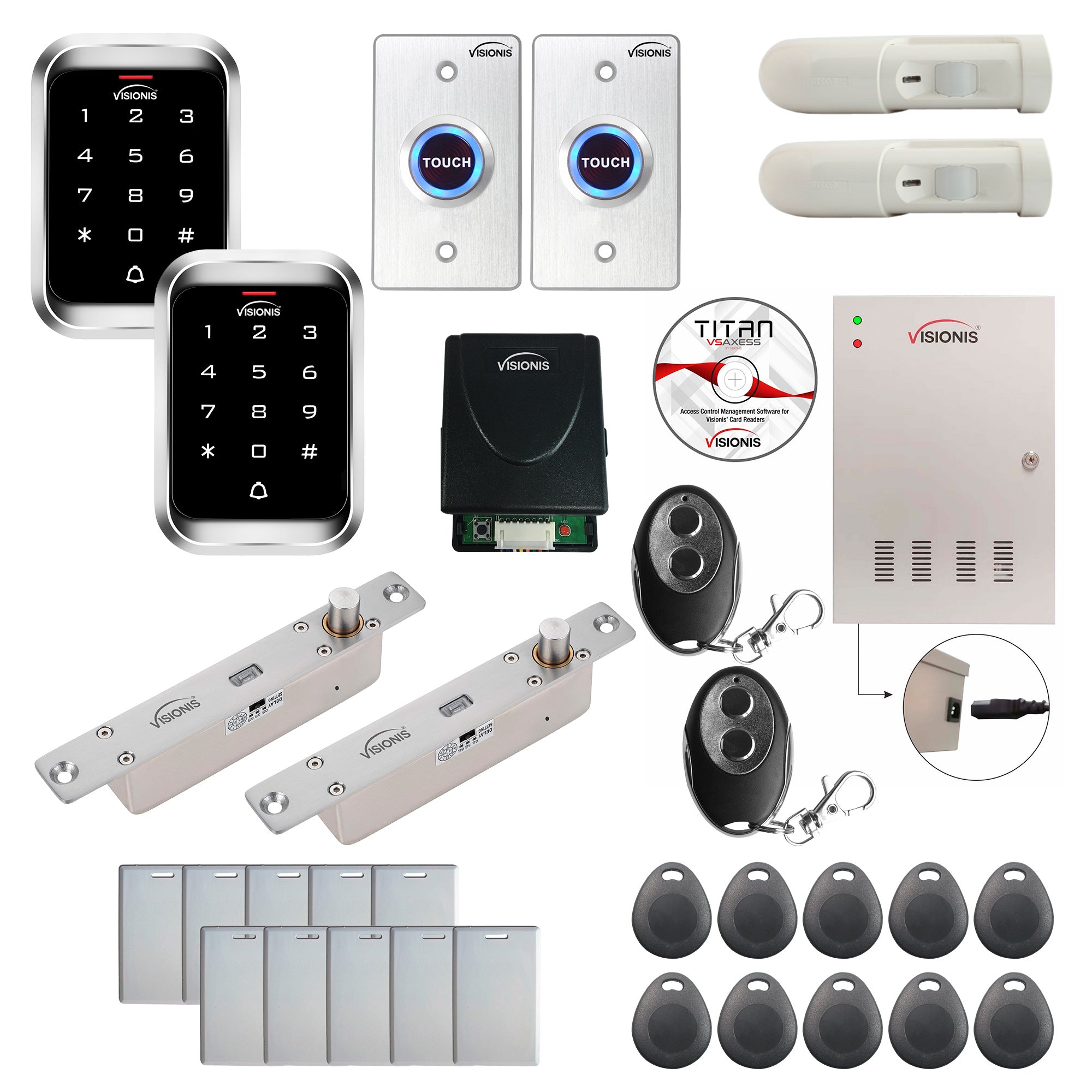 FPC-7939 2 Doors Access Control Electric Drop Bolt Fail Secure Time Attendance TCP/IP Wiegand Controller Box, Outdoor Weatherproof Keypad/Reader, EM Compatible, Software Included, Receiver, PIR Kit